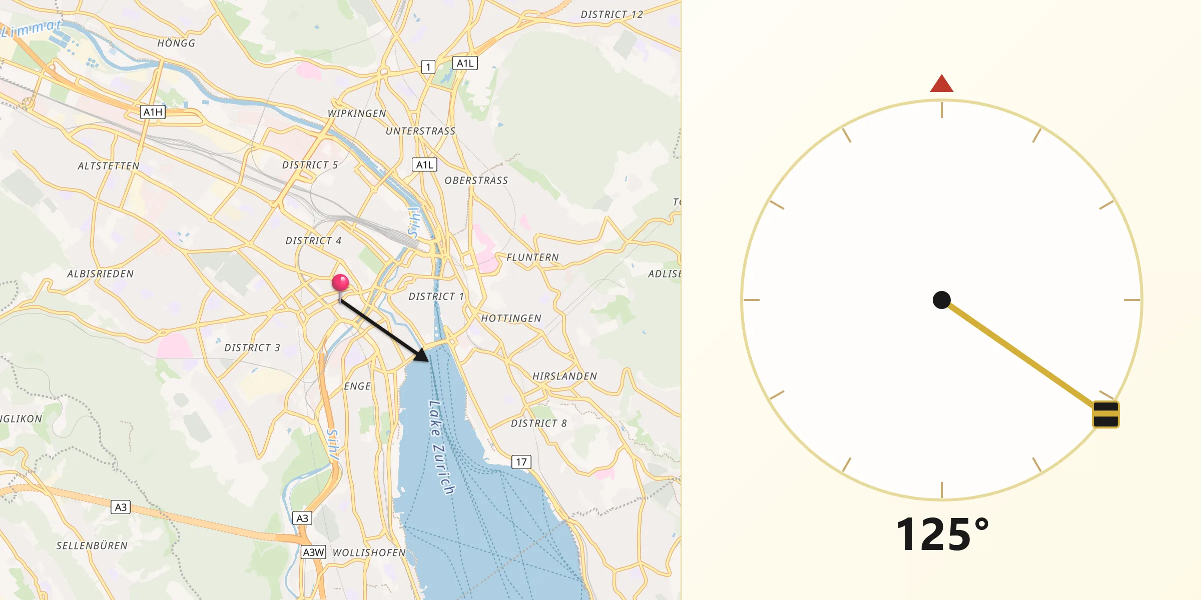 Qibla-Richtung von Zürich (Kreis 4) / Werd