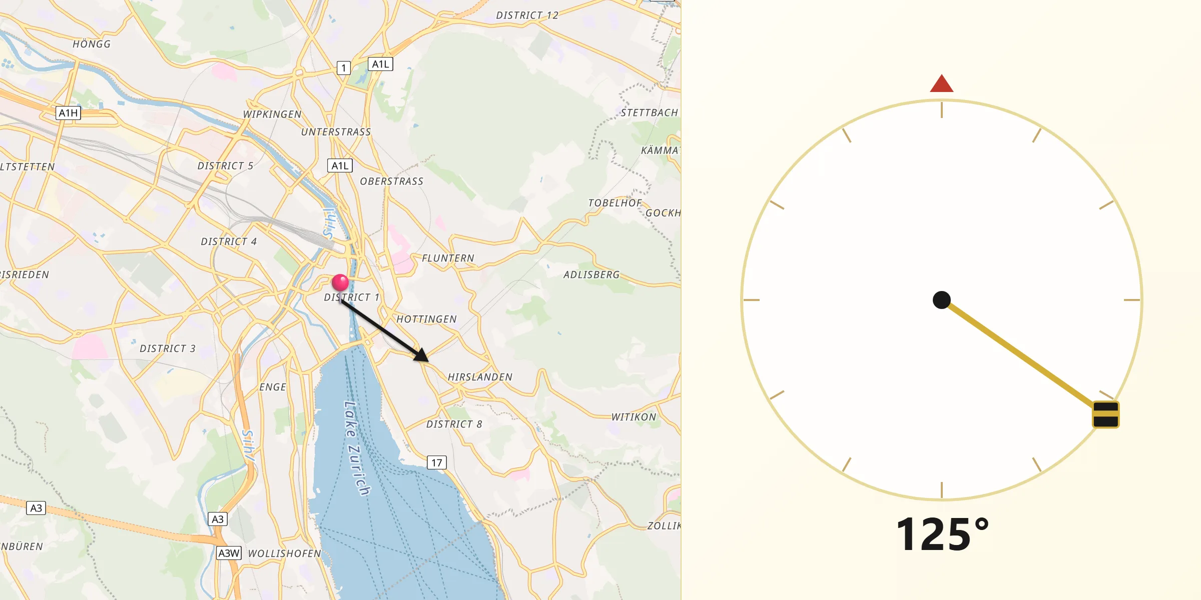 Qibla-Richtung von Zürich (Kreis 1) / Lindenhof