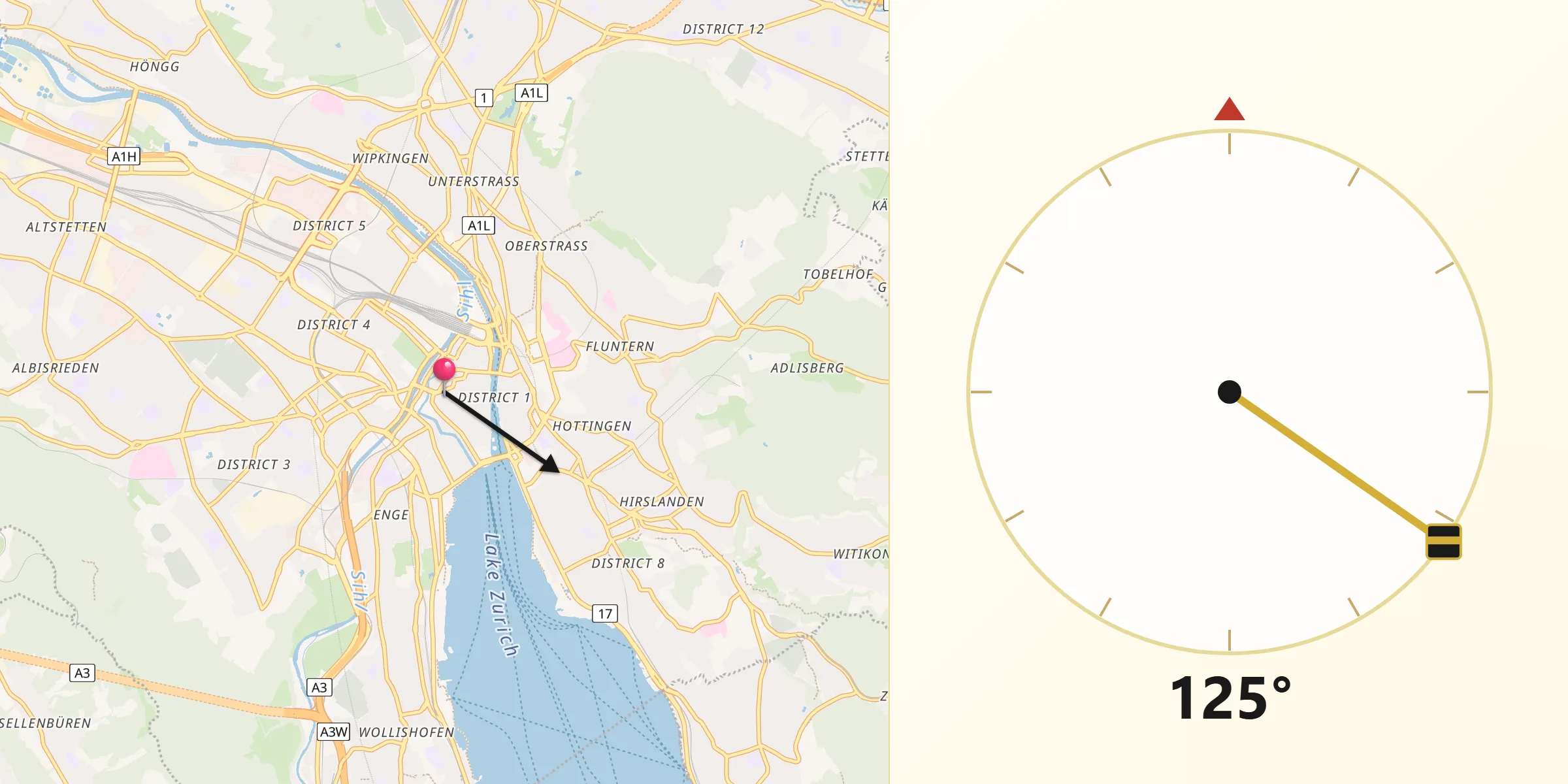 Qibla-Richtung von Zürich (Kreis 1) / City