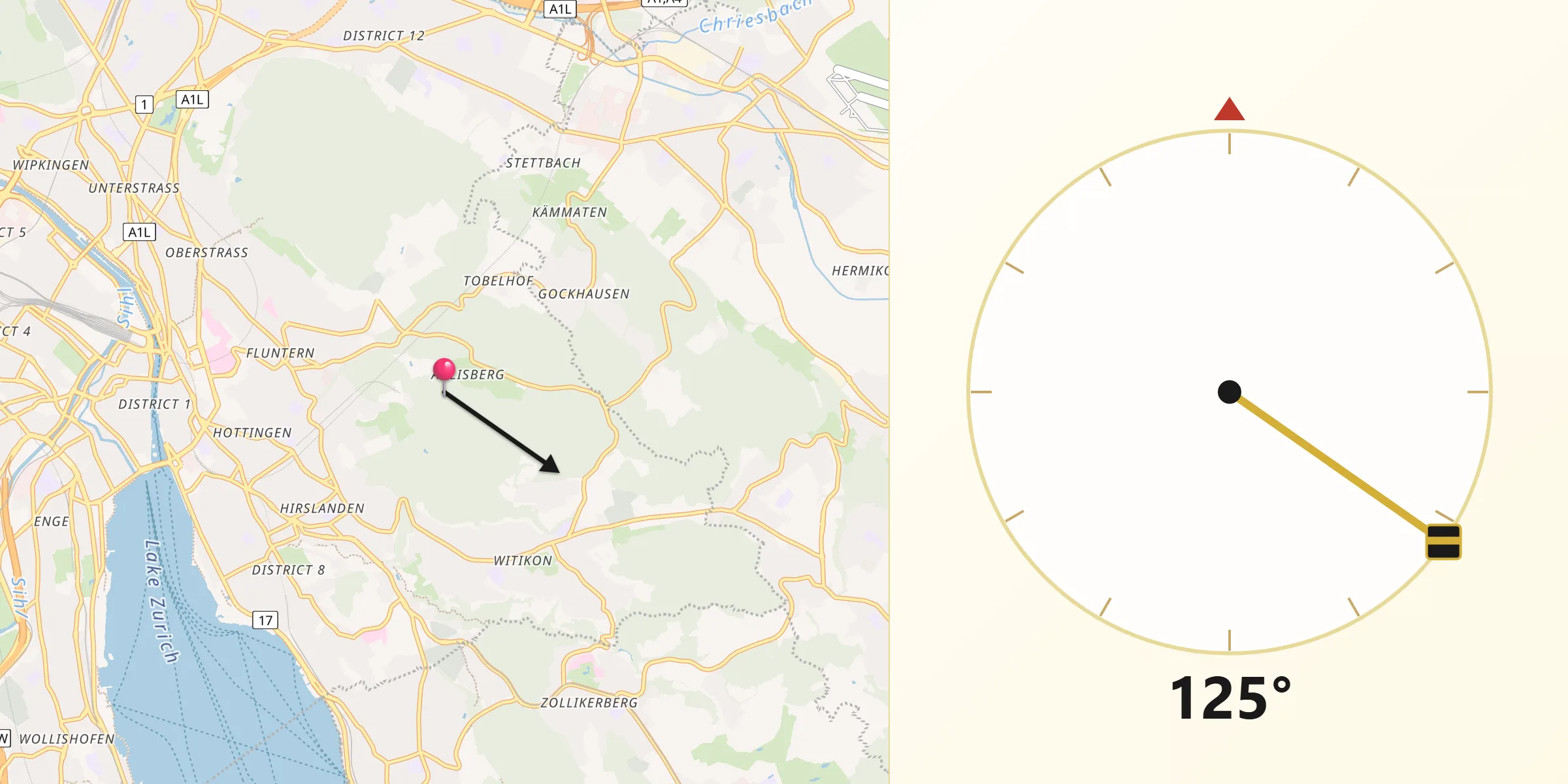 Direzione della Qibla da Zürich (Kreis 7)