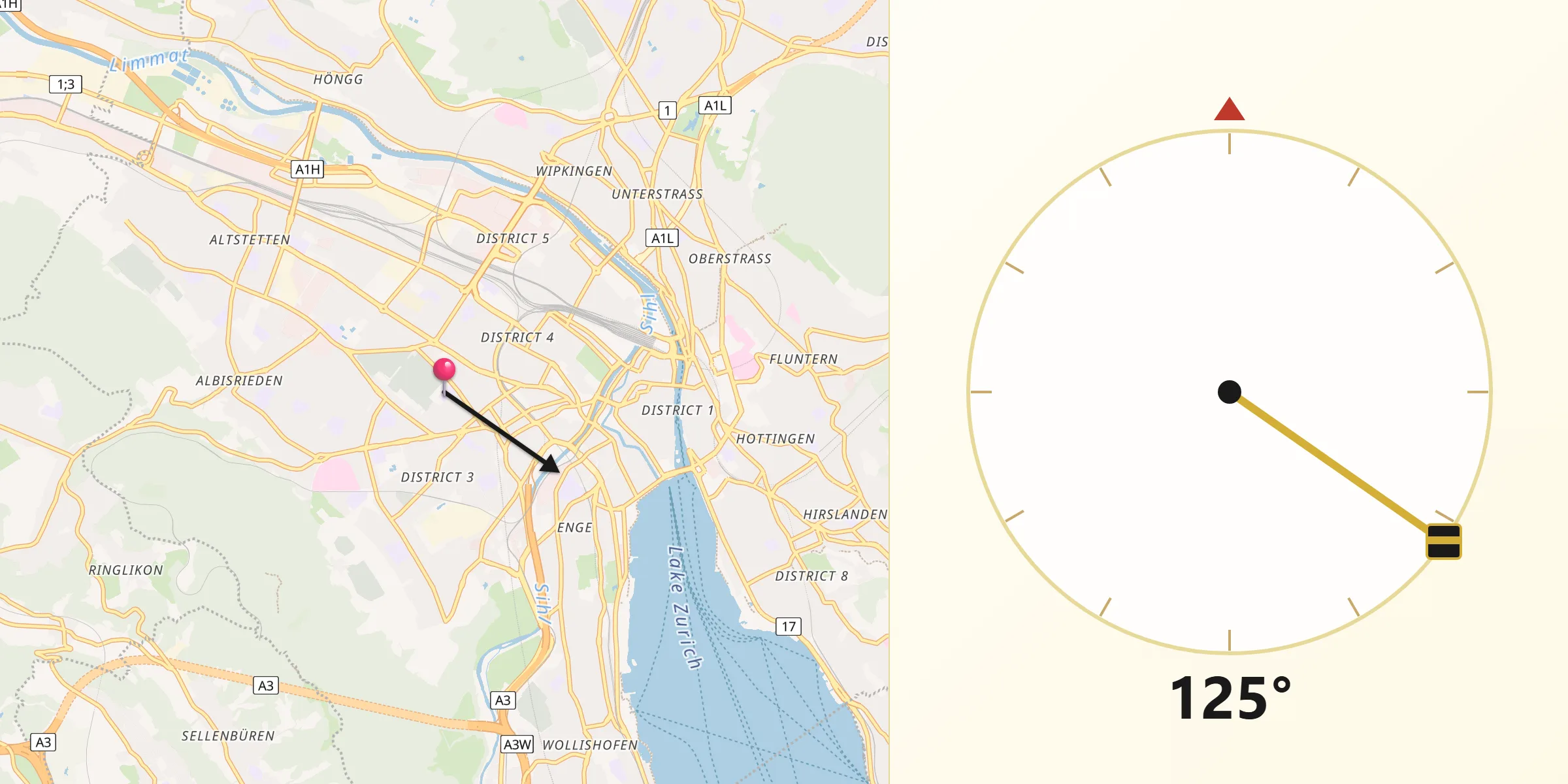 Qibla-Richtung von Zürich (Kreis 3) / Sihlfeld