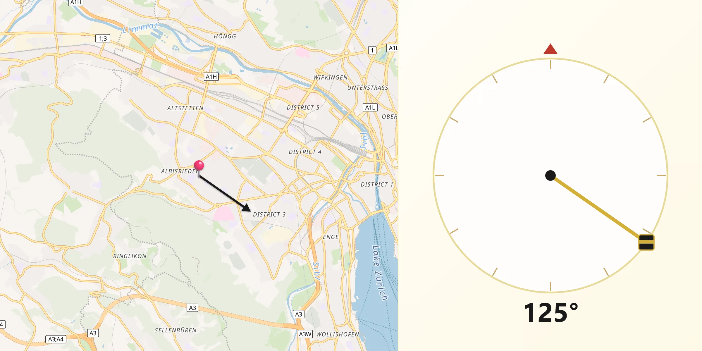 Qibla-Richtung von Zürich (Kreis 9) / Albisrieden