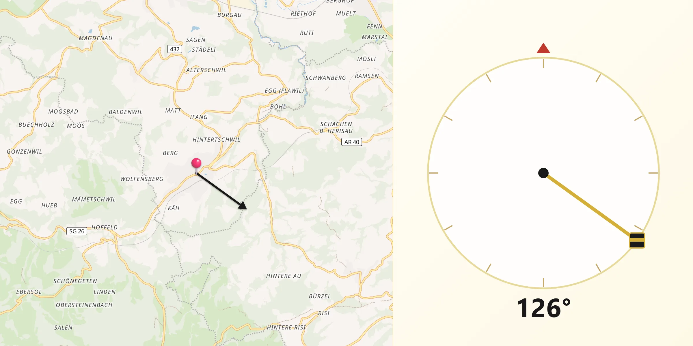 Direction vers la Qibla depuis Degersheim