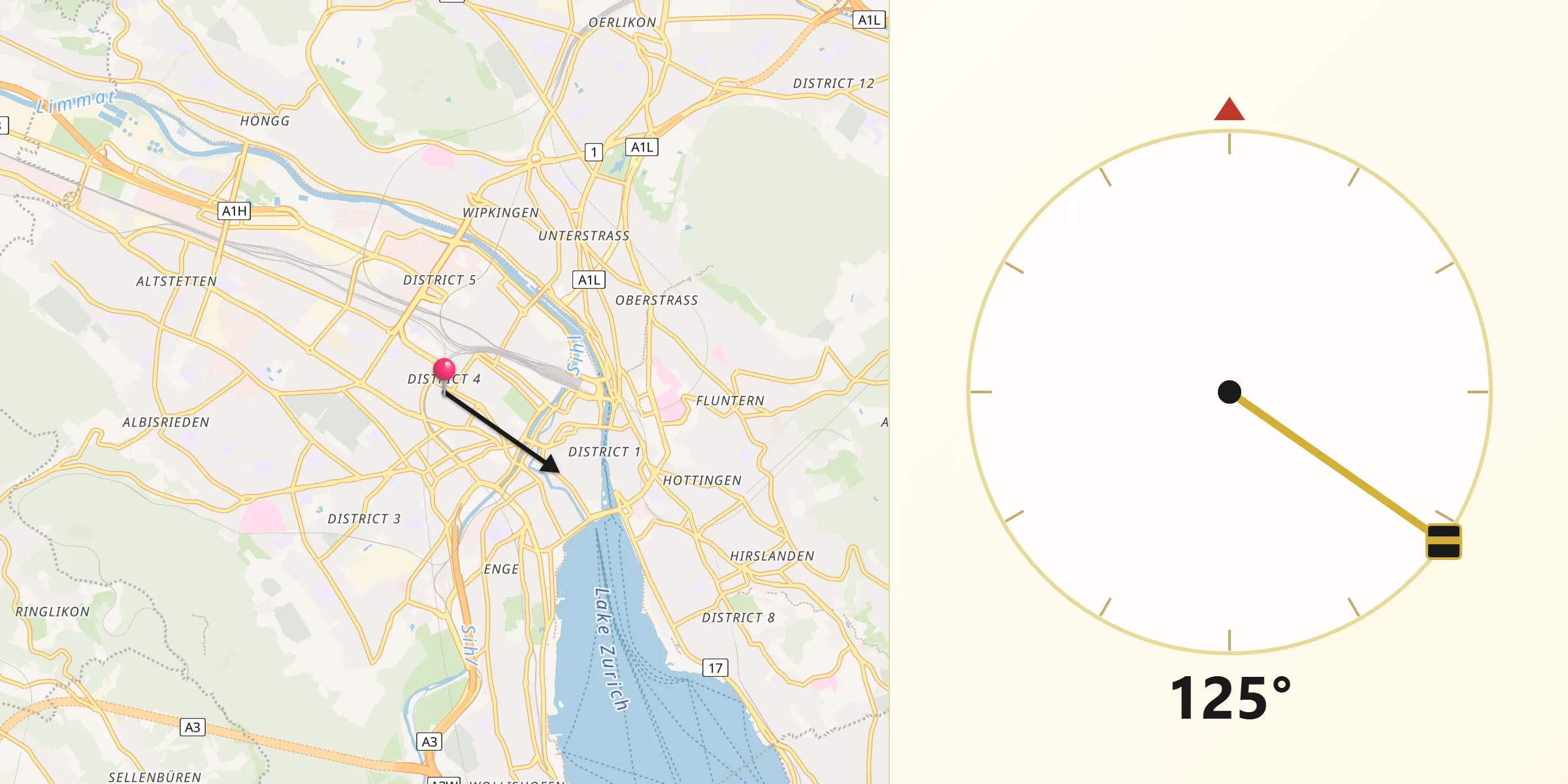Qibla-Richtung von Zürich (Kreis 4)