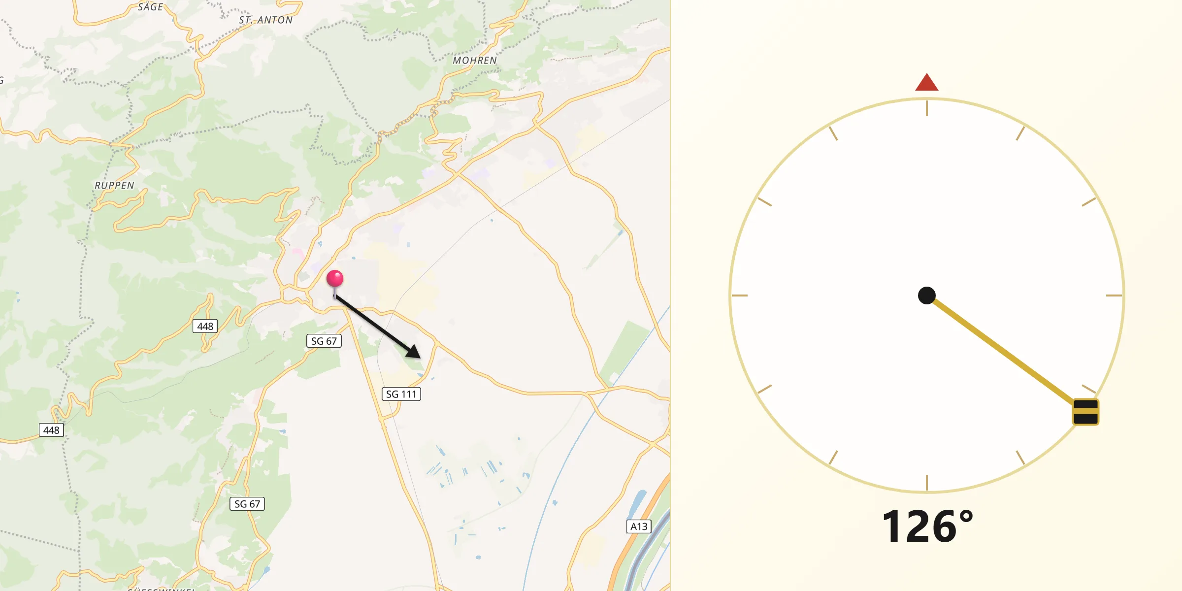 Direction vers la Qibla depuis Altstätten