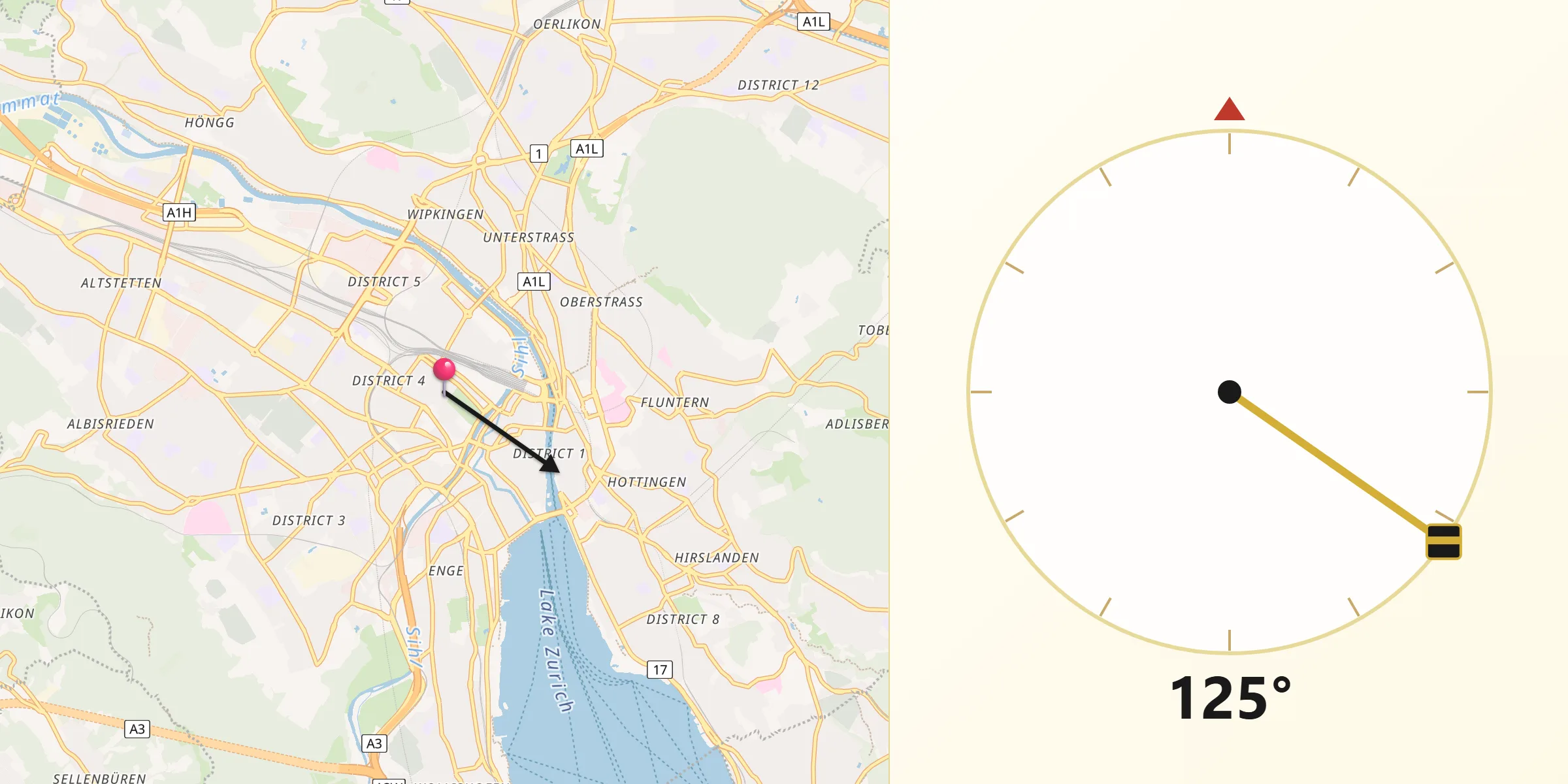 Qibla-Richtung von Zürich (Kreis 4) / Langstrasse