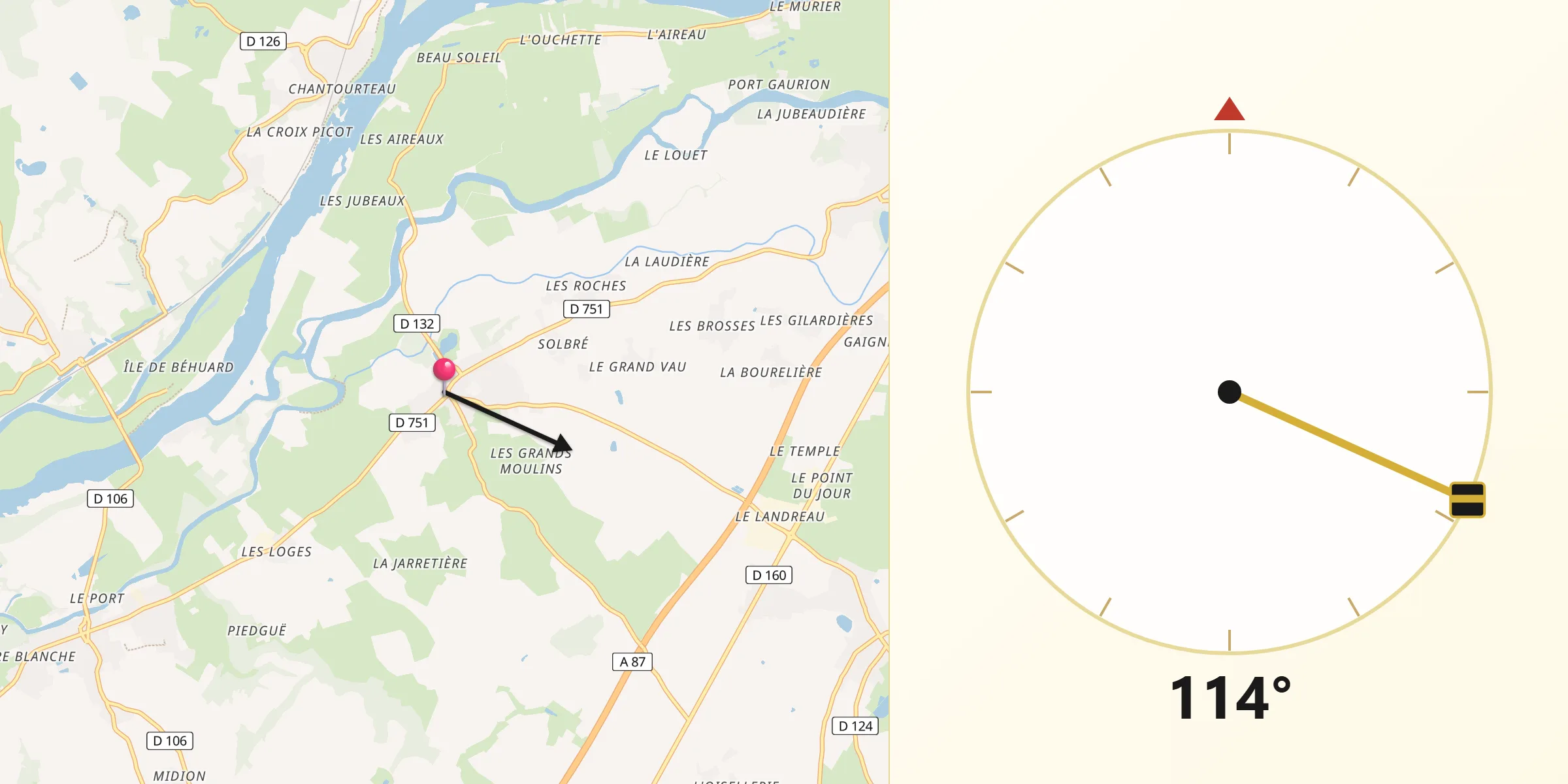 Direction vers la Qibla depuis Denée