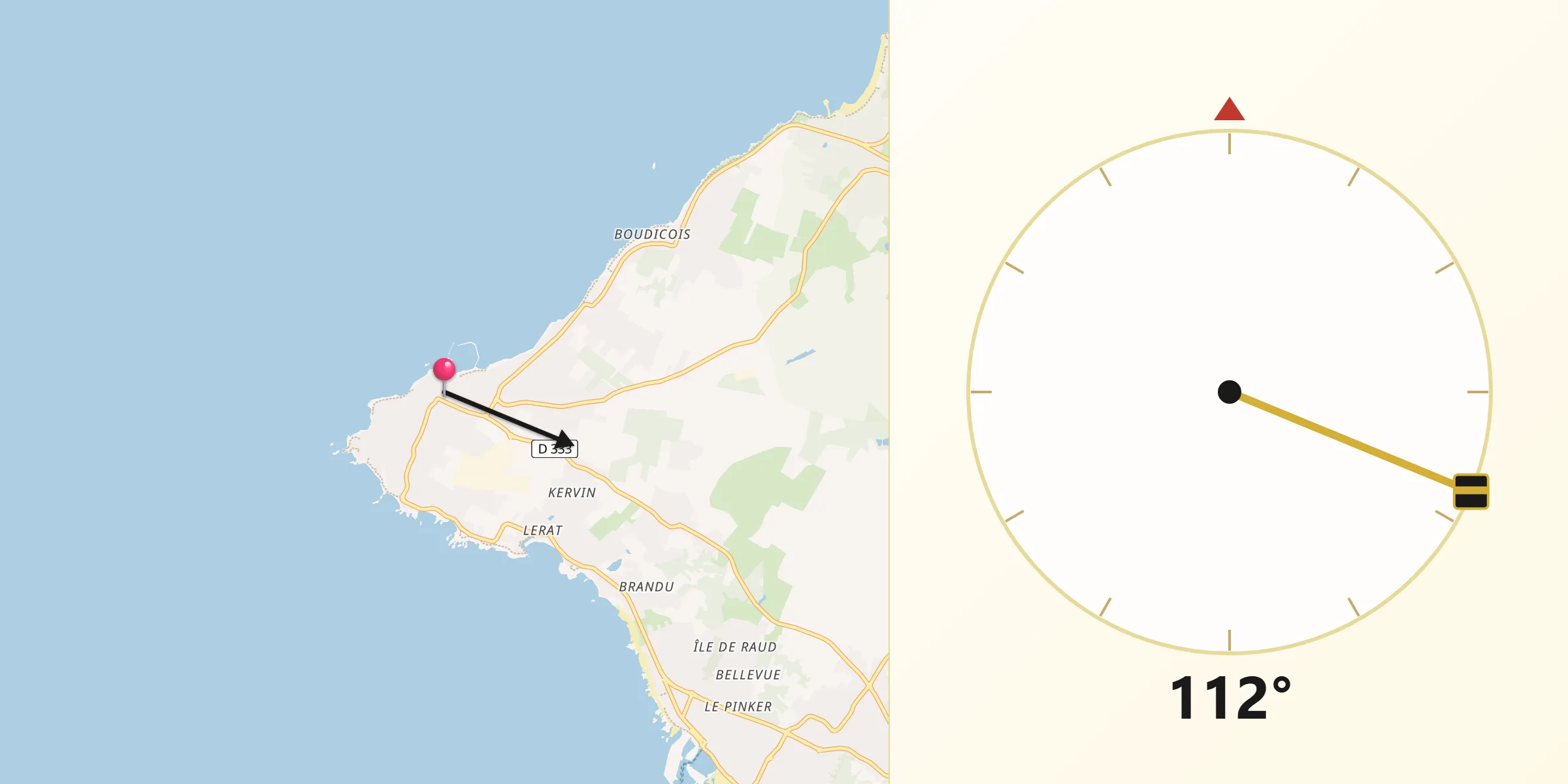 Direction vers la Qibla depuis Piriac-sur-Mer