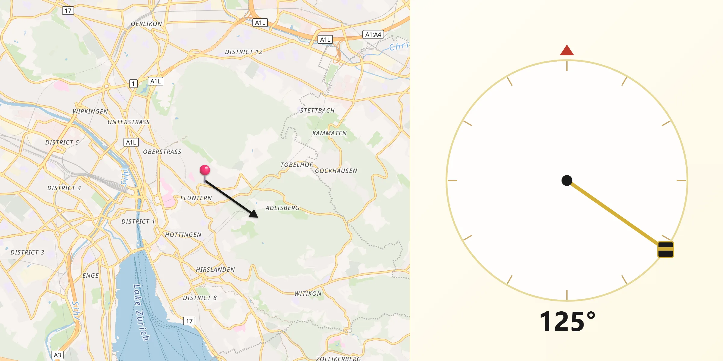 Qibla-Richtung von Zürich (Kreis 7) / Fluntern