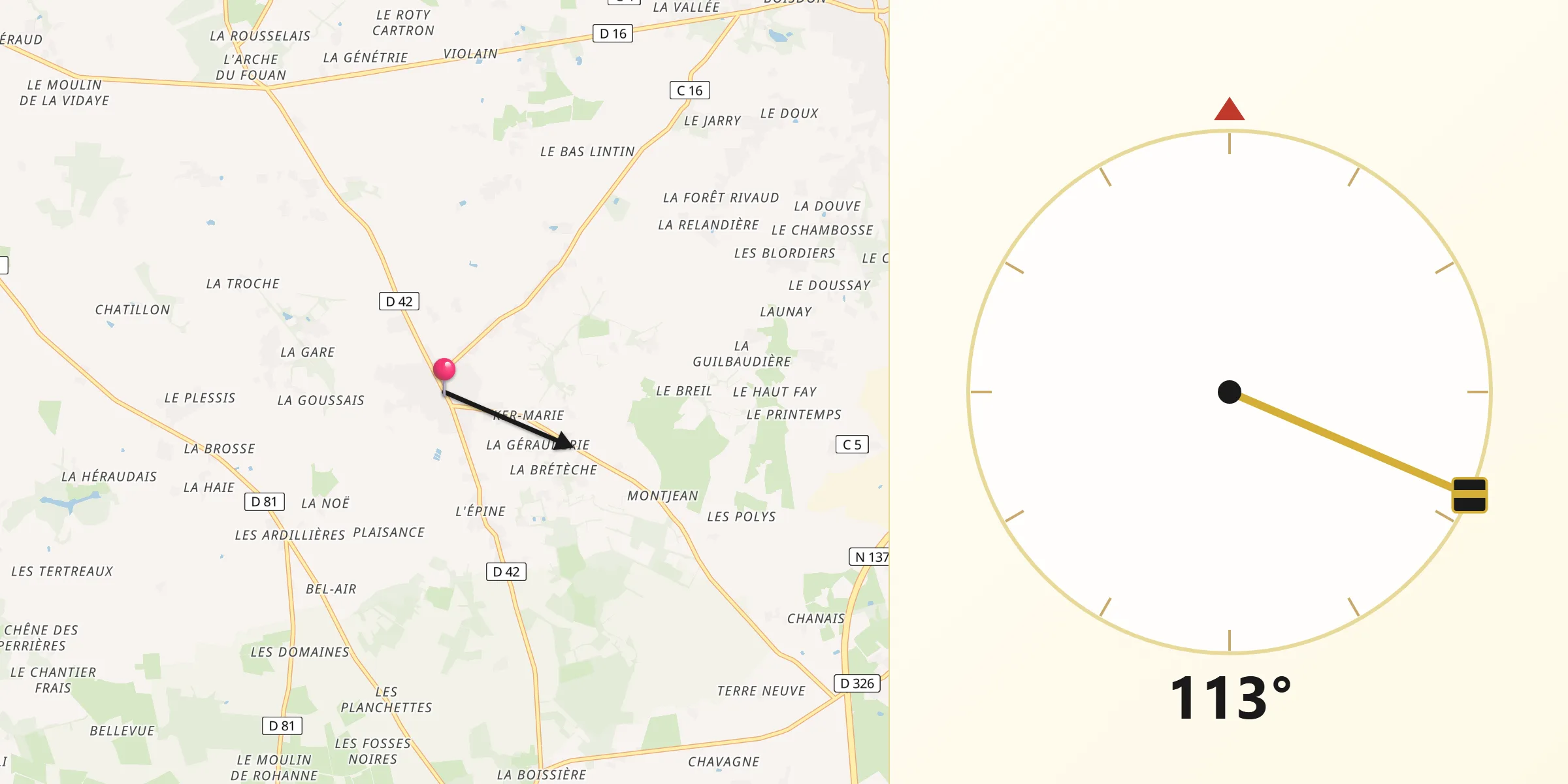 Direction vers la Qibla depuis Notre-Dame-des-Landes