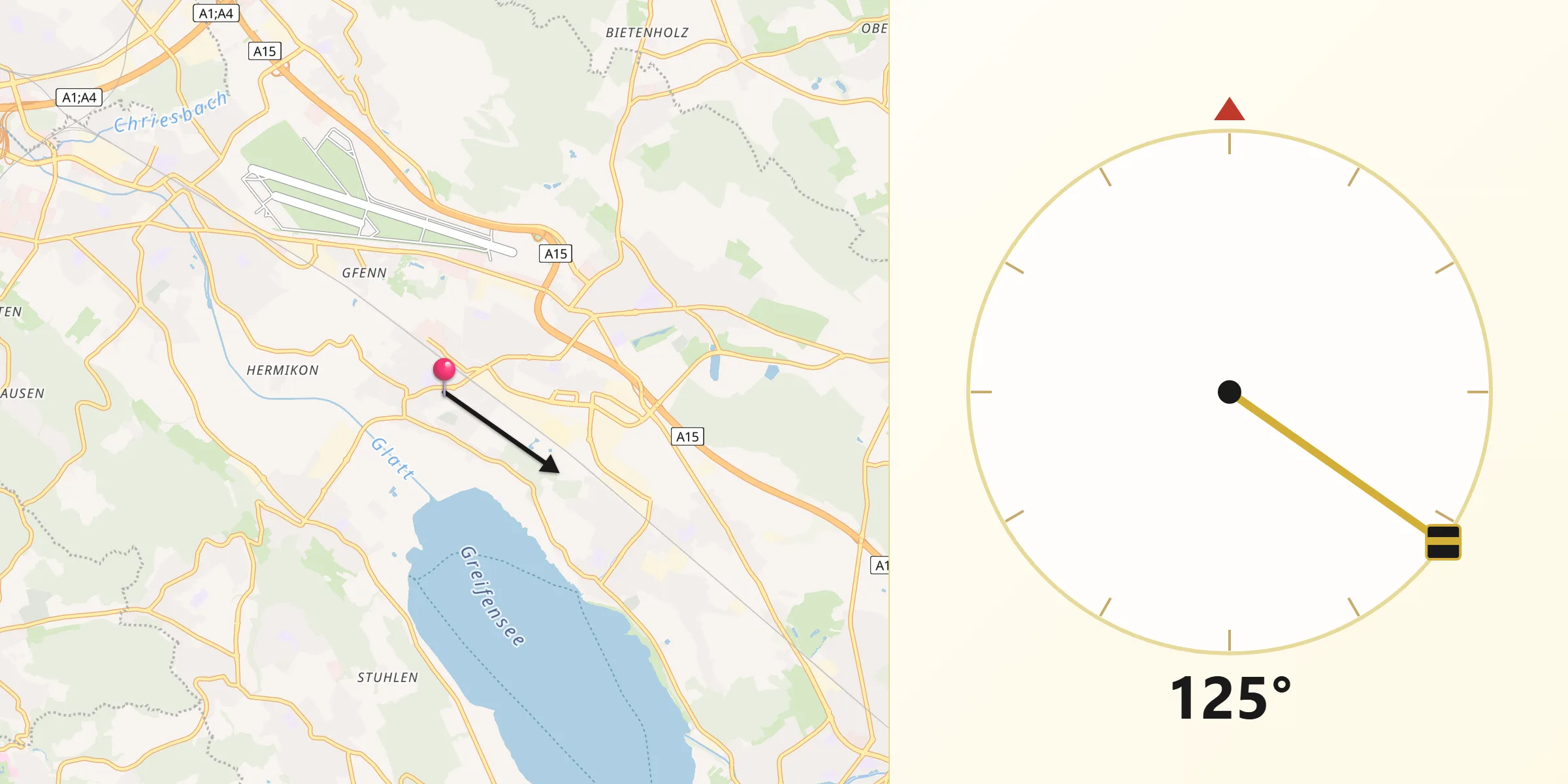 Direction vers la Qibla depuis Schwerzenbach