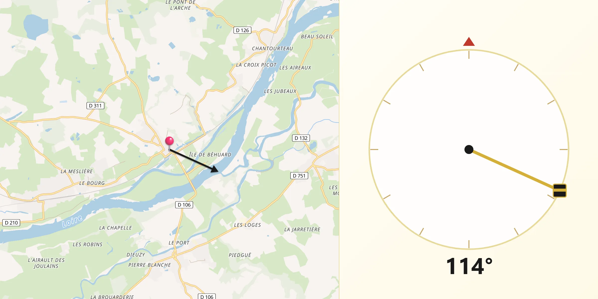 Direction vers la Qibla depuis Savennières