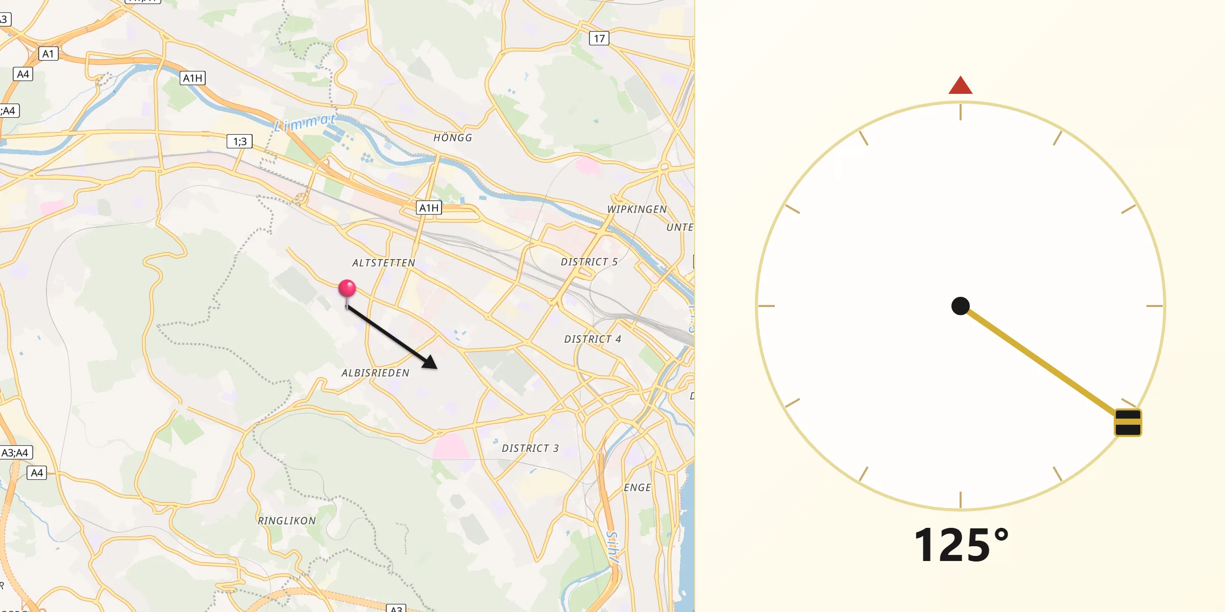 Direzione della Qibla da Zürich (Kreis 9)
