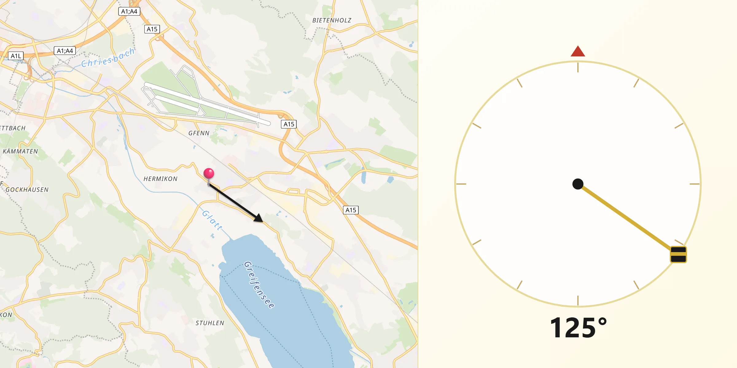 Direction vers la Qibla depuis Schwerzenbach / Blatten
