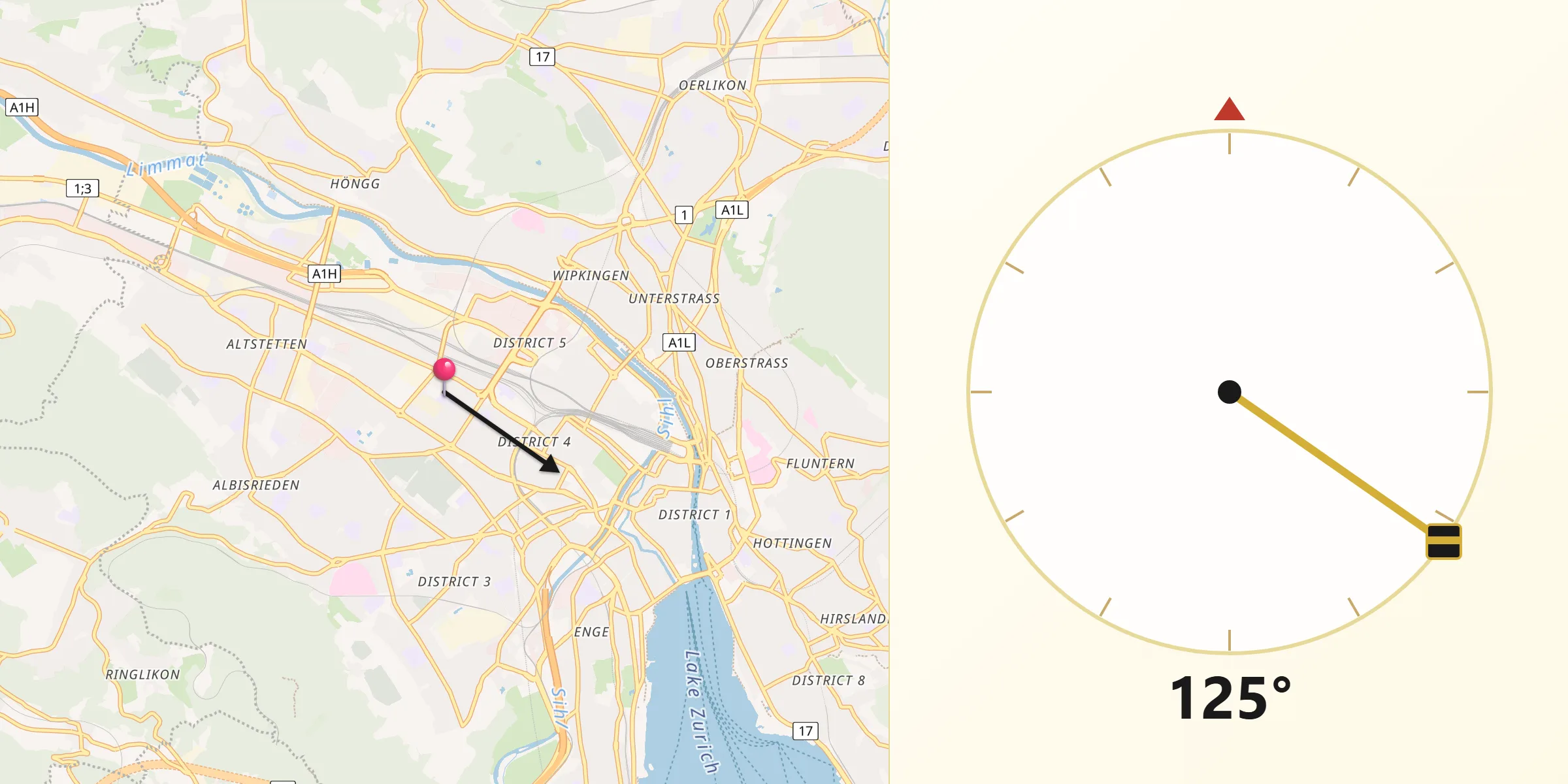 Direction vers la Qibla depuis Zürich (Kreis 4) / Hard