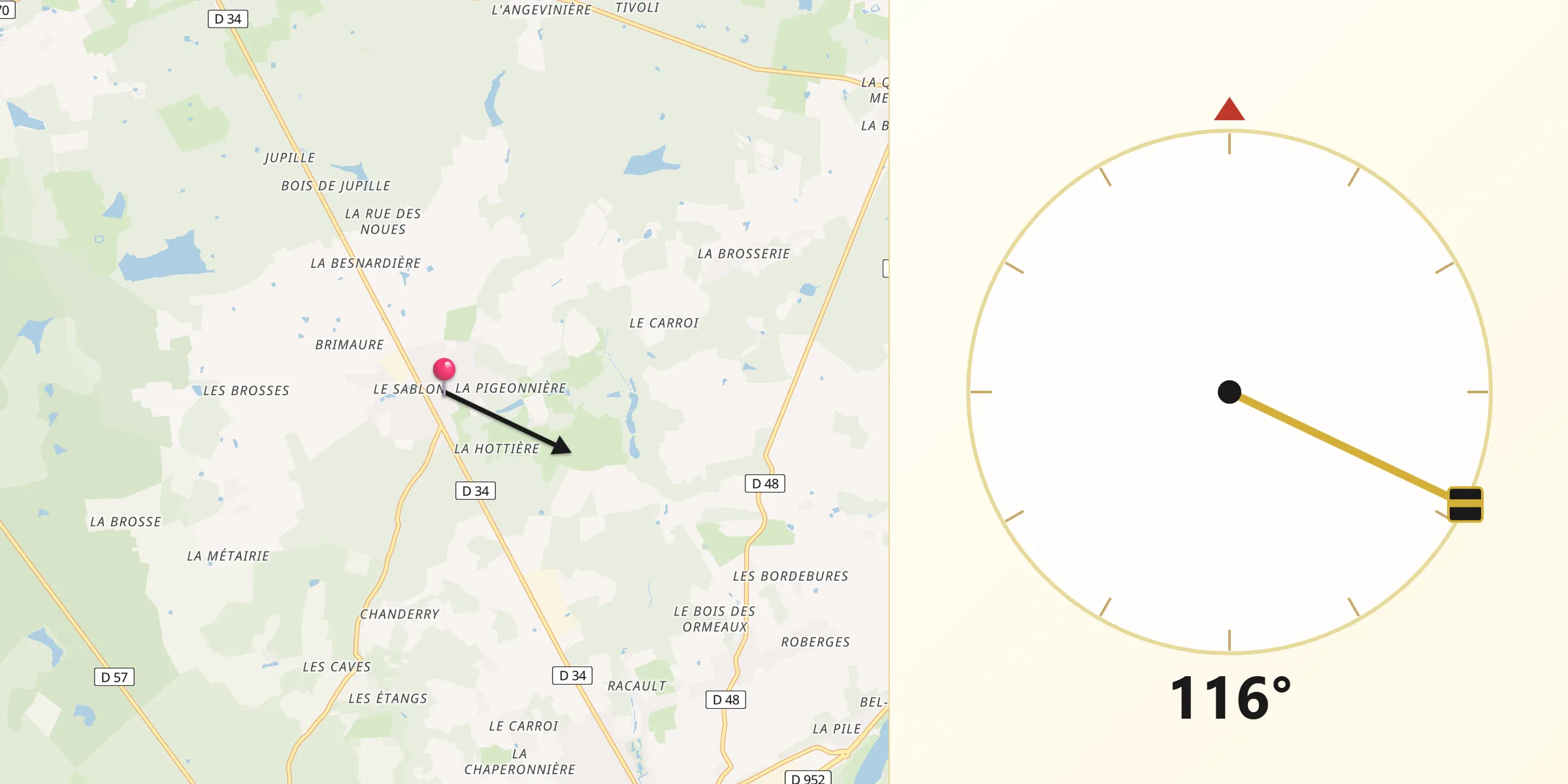 Direction vers la Qibla depuis Mazières-de-Touraine