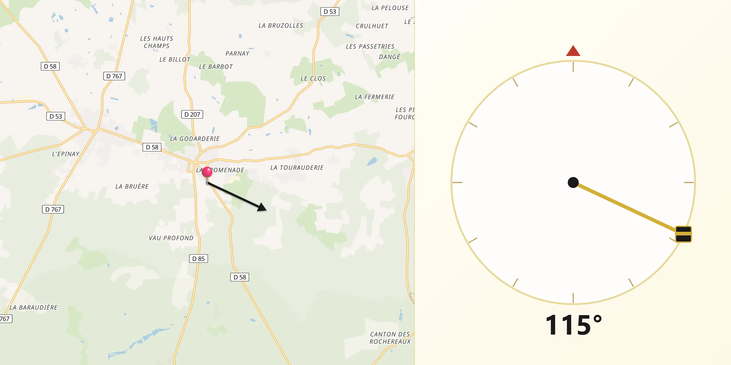 Direction vers la Qibla depuis Vernoil-le-Fourrier
