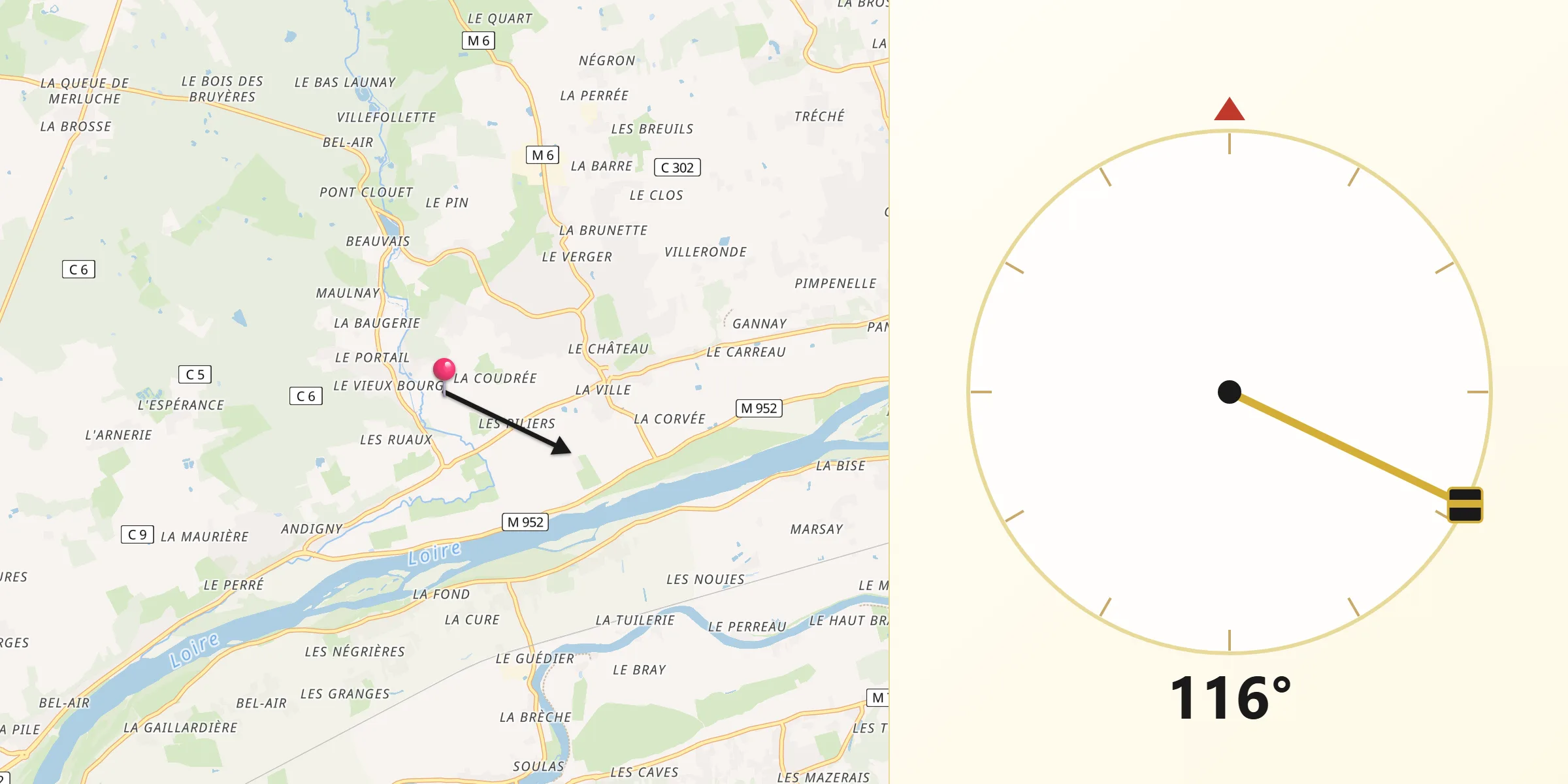 Direction vers la Qibla depuis Saint-Étienne-de-Chigny