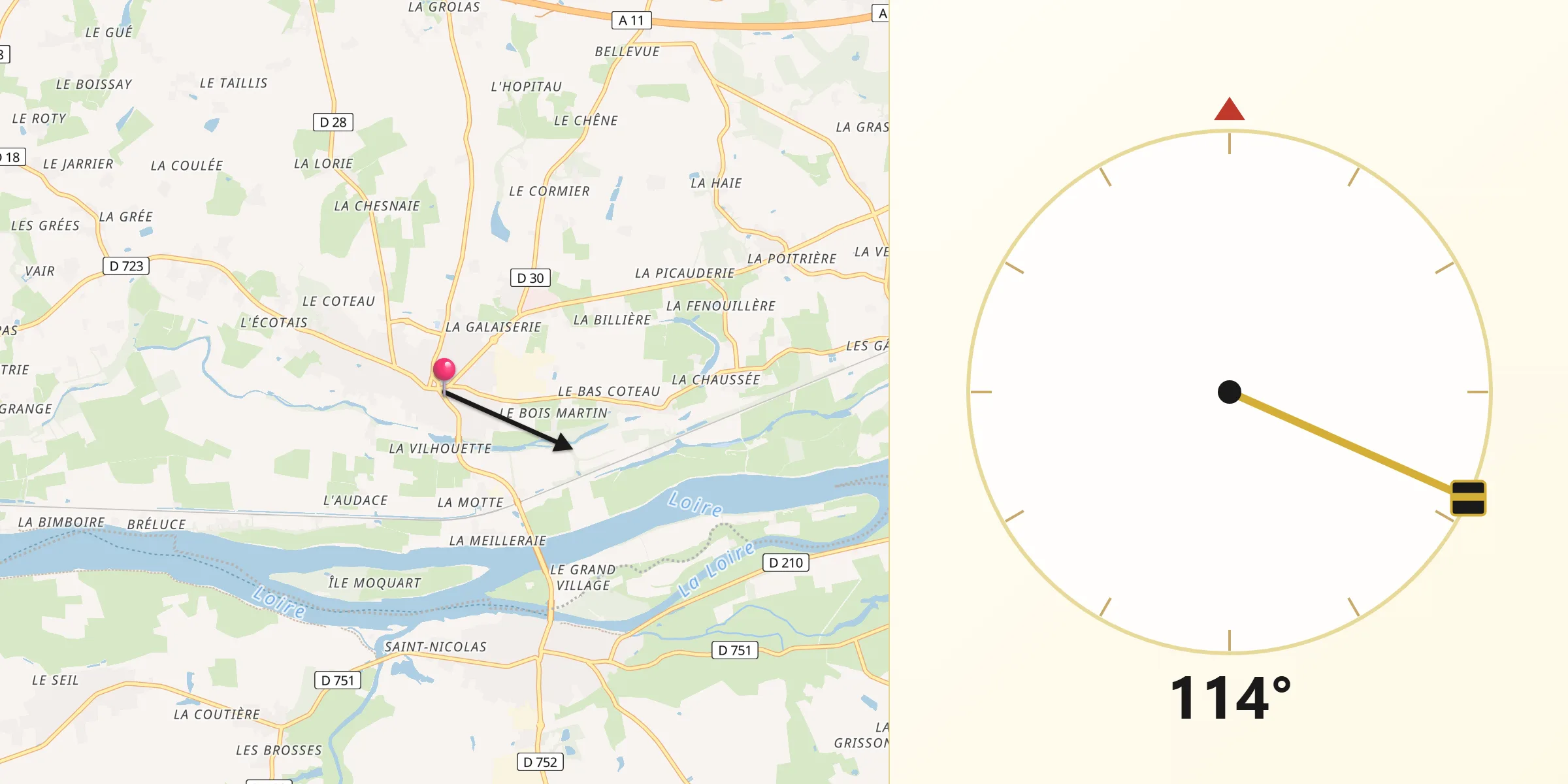 Direction vers la Qibla depuis Varades