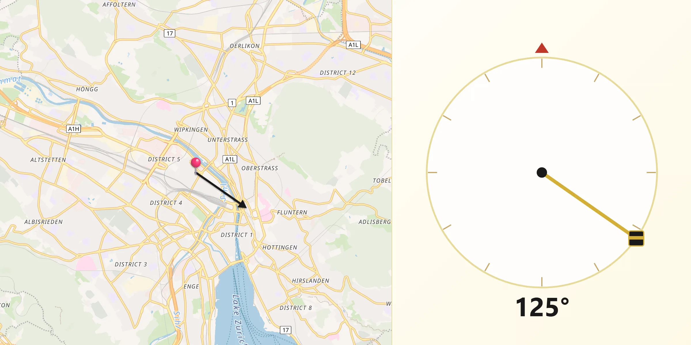 Qibla-Richtung von Zürich (Kreis 5) / Gewerbeschule