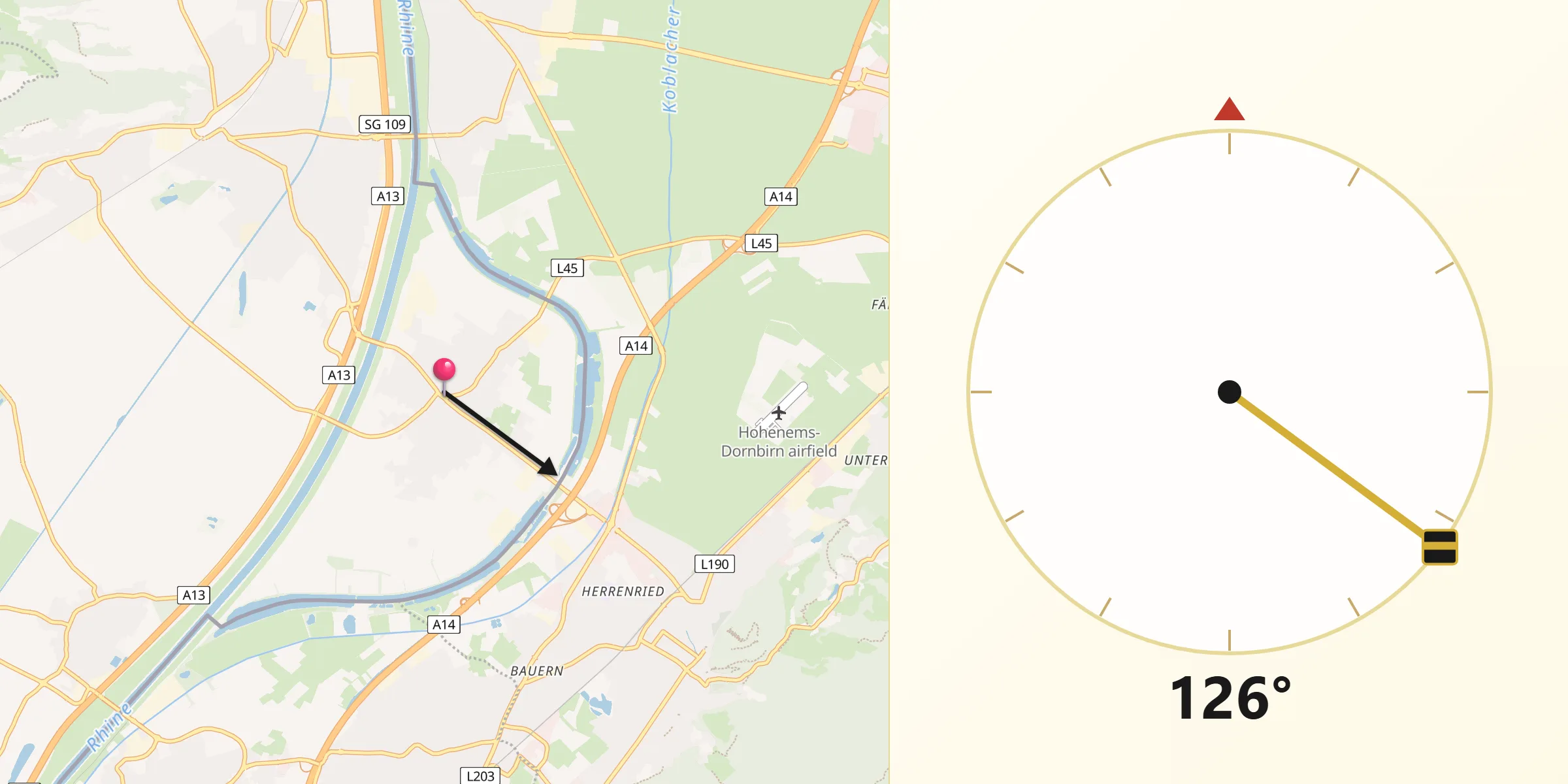 Direction vers la Qibla depuis Diepoldsau