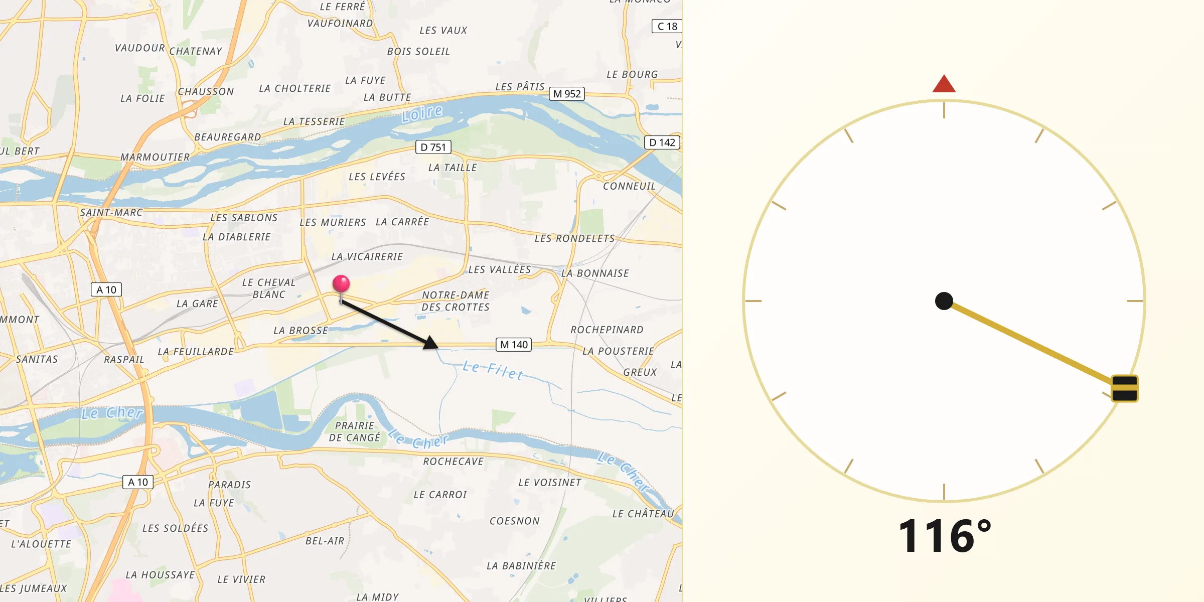 Direction vers la Qibla depuis Saint-Pierre-des-Corps
