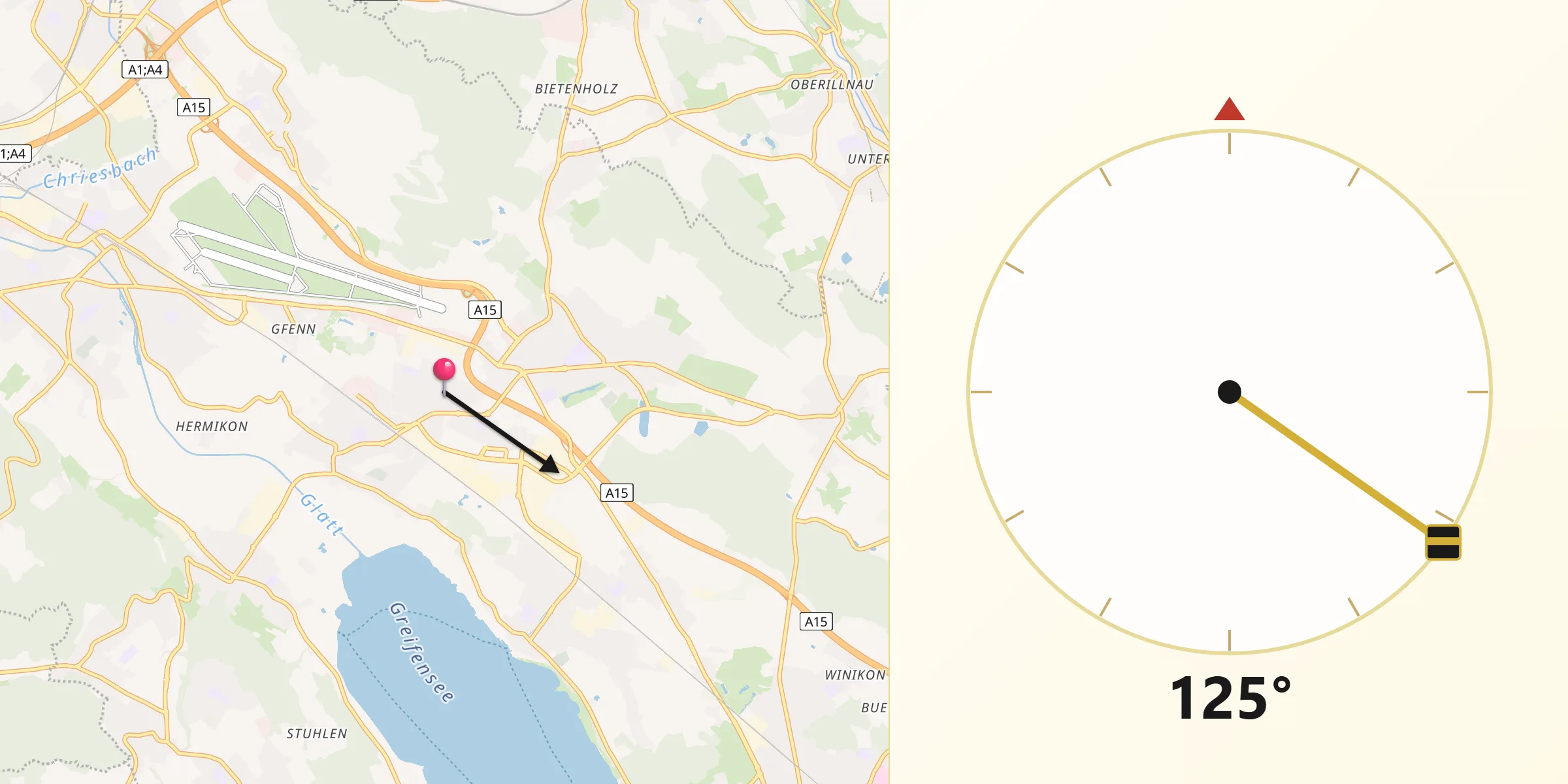 Direction vers la Qibla depuis Hegnau / Dammboden-Grindel