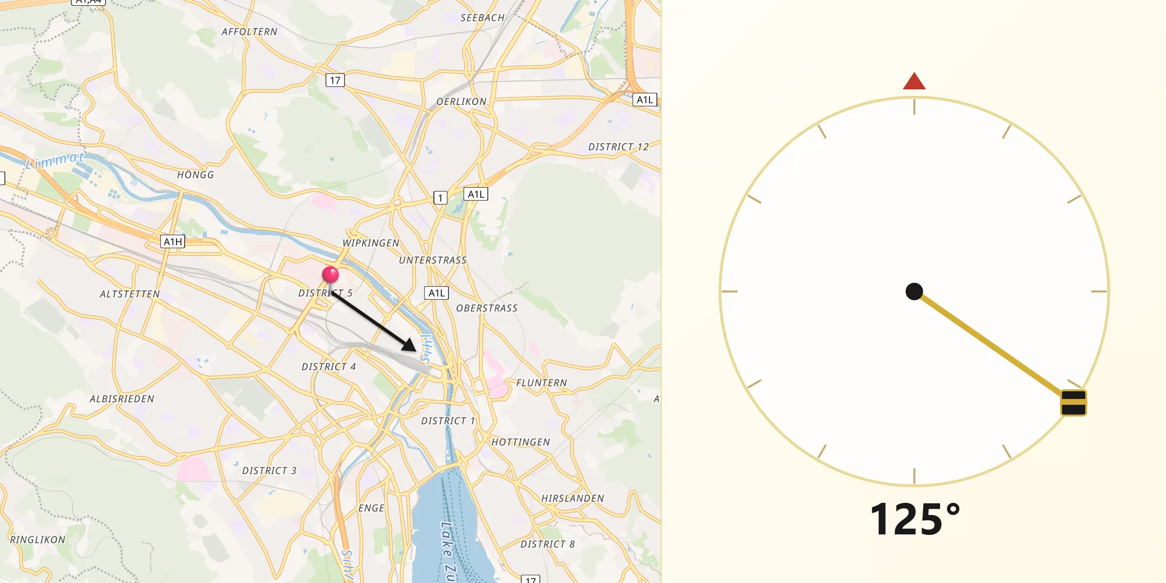Direction vers la Qibla depuis Zürich (Kreis 5)