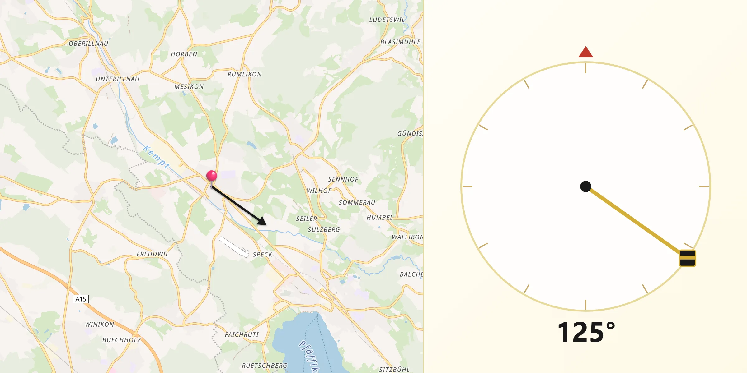 Direction vers la Qibla depuis Fehraltorf