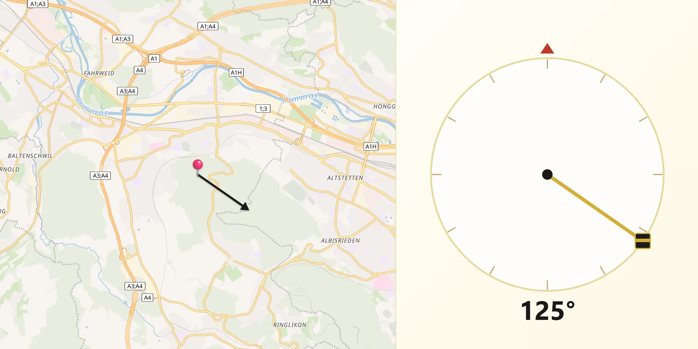 Qibla-Richtung von Bezirk Dietikon