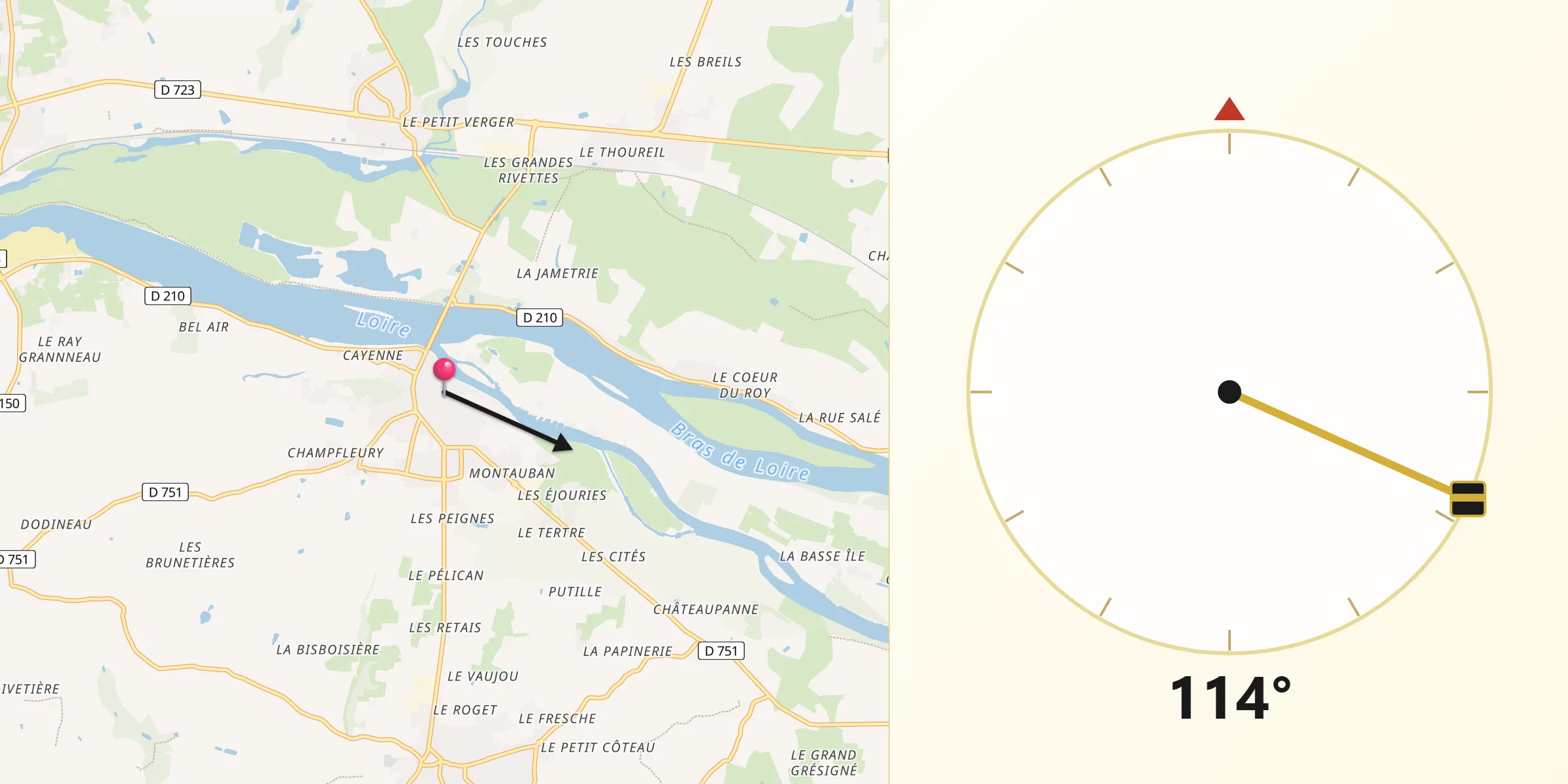 Direction vers la Qibla depuis Montjean-sur-Loire