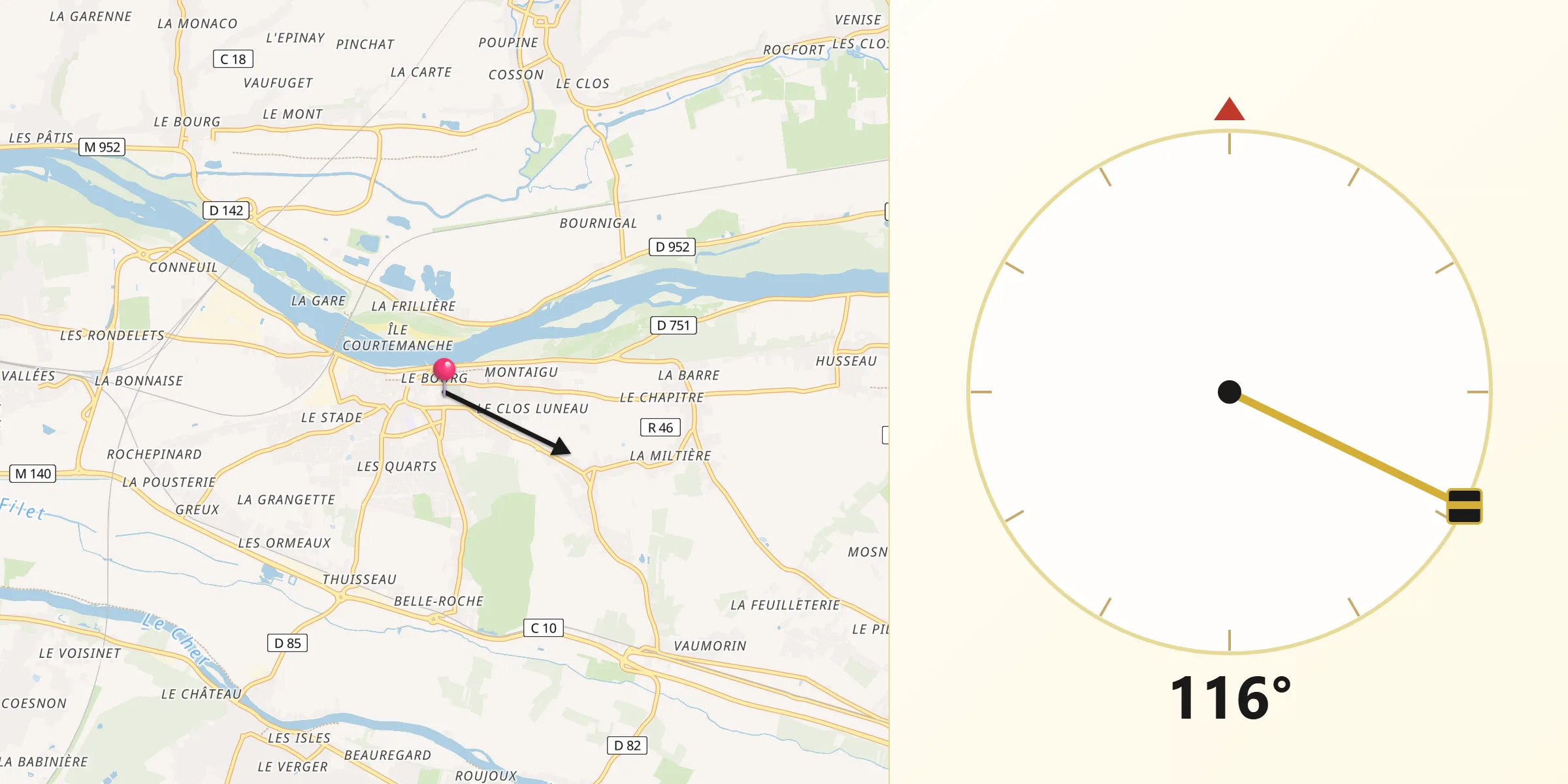 Direction vers la Qibla depuis Montlouis-sur-Loire