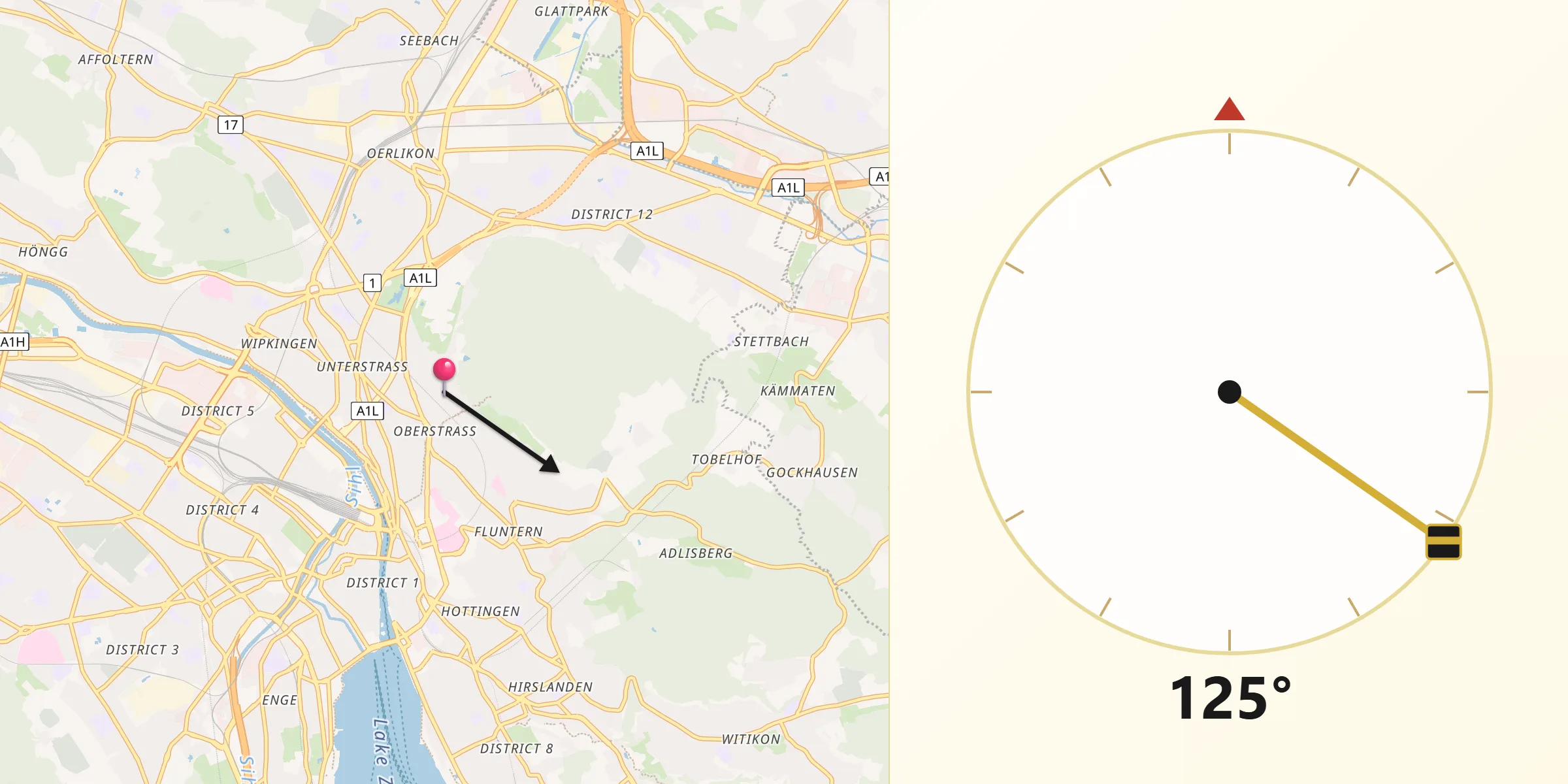 Qibla-Richtung von Zürich (Kreis 6) / Oberstrass