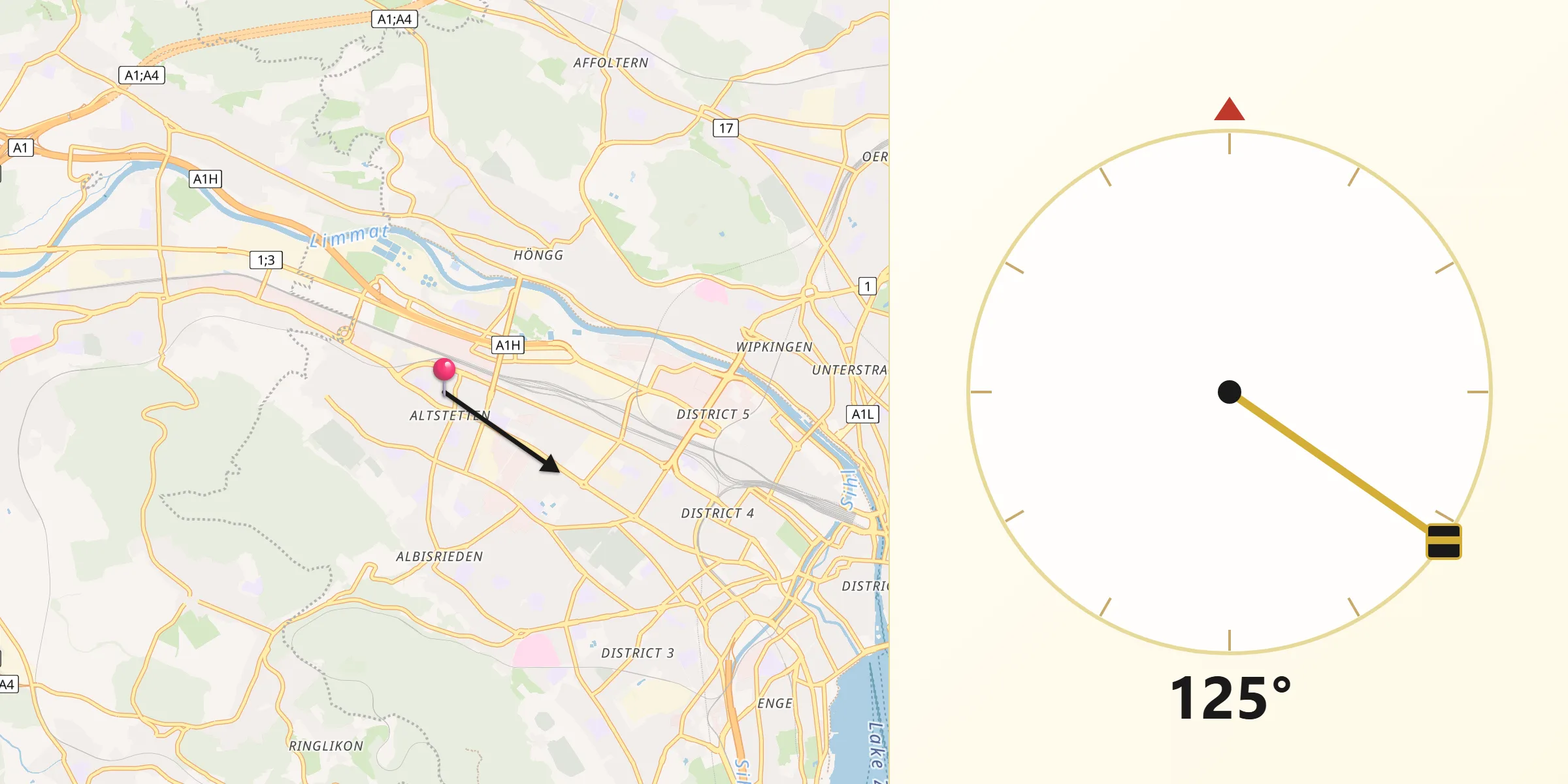 Qibla-Richtung von Zürich (Kreis 9) / Altstetten
