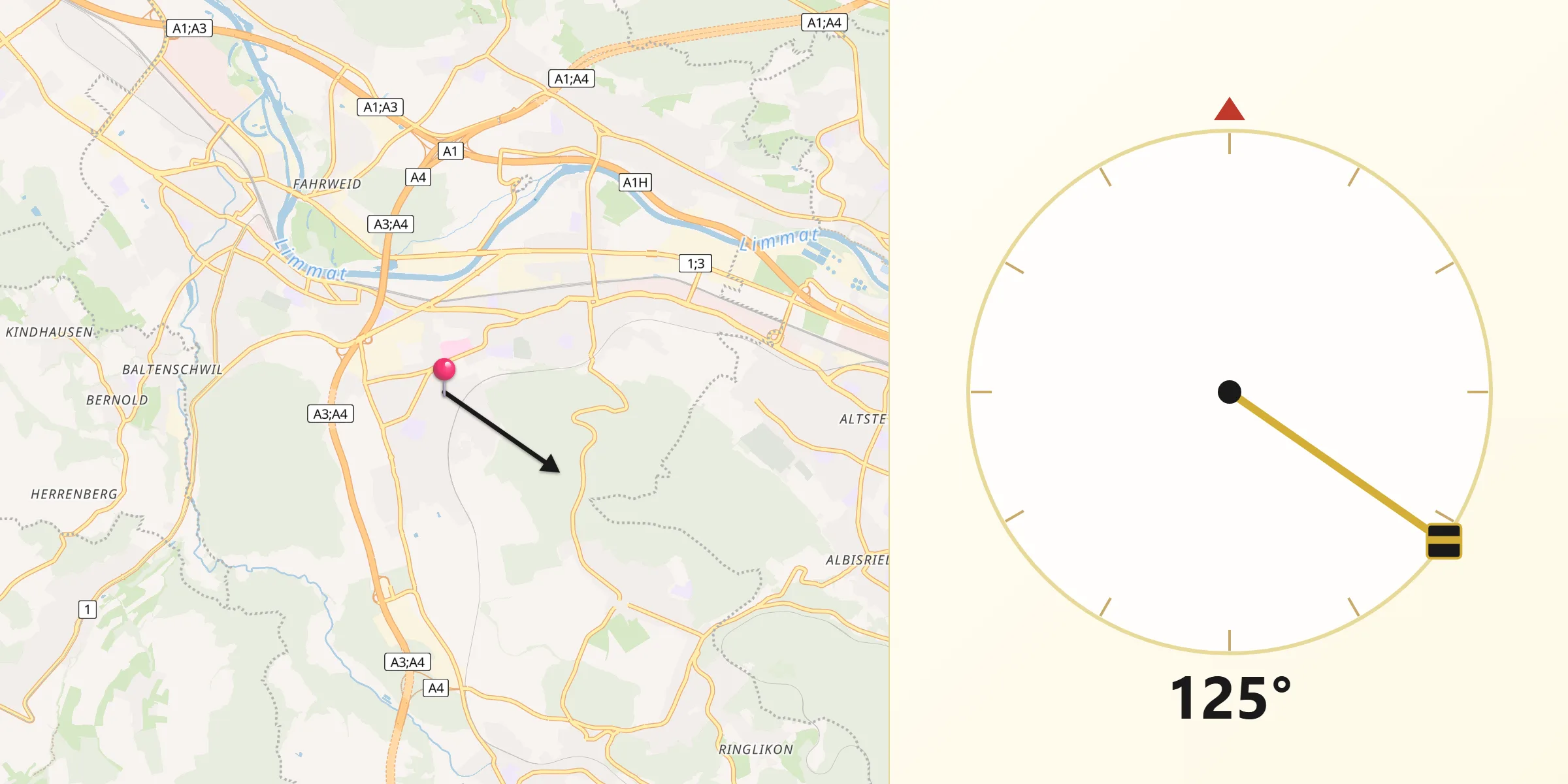 Direction vers la Qibla depuis Urdorf / Moos