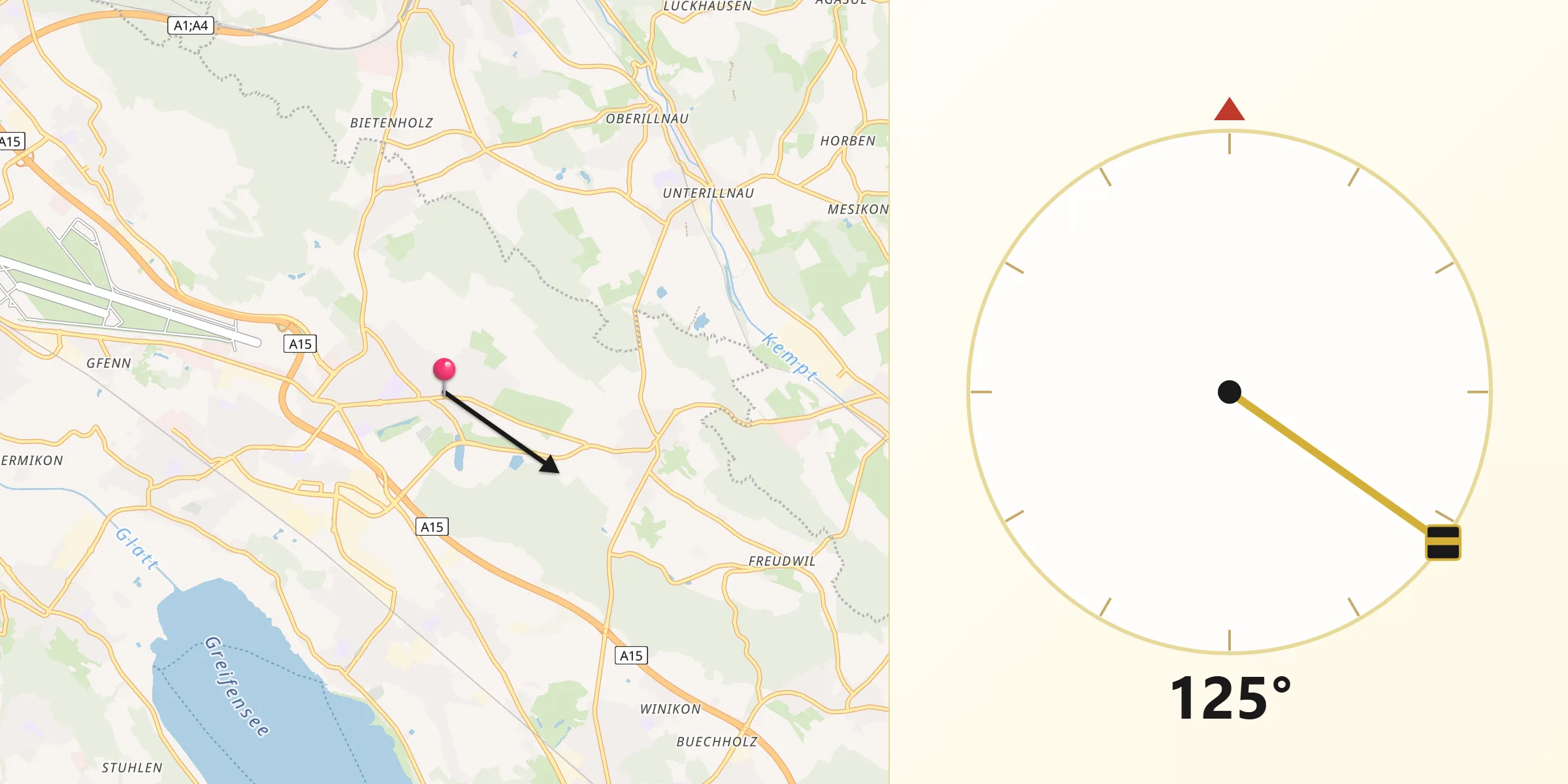 Qibla-Richtung von Volketswil / Volketswil (Dorf)