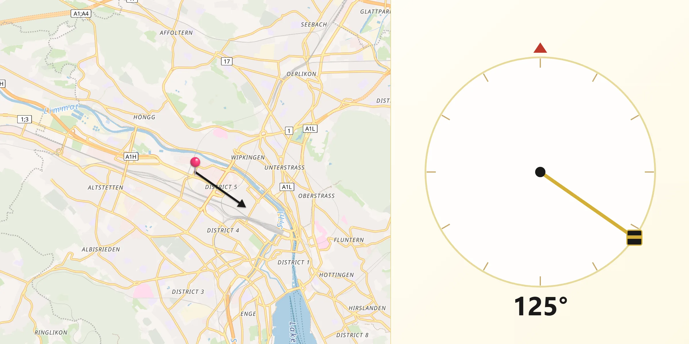 Qibla-Richtung von Zürich (Kreis 5) / Escher-Wyss