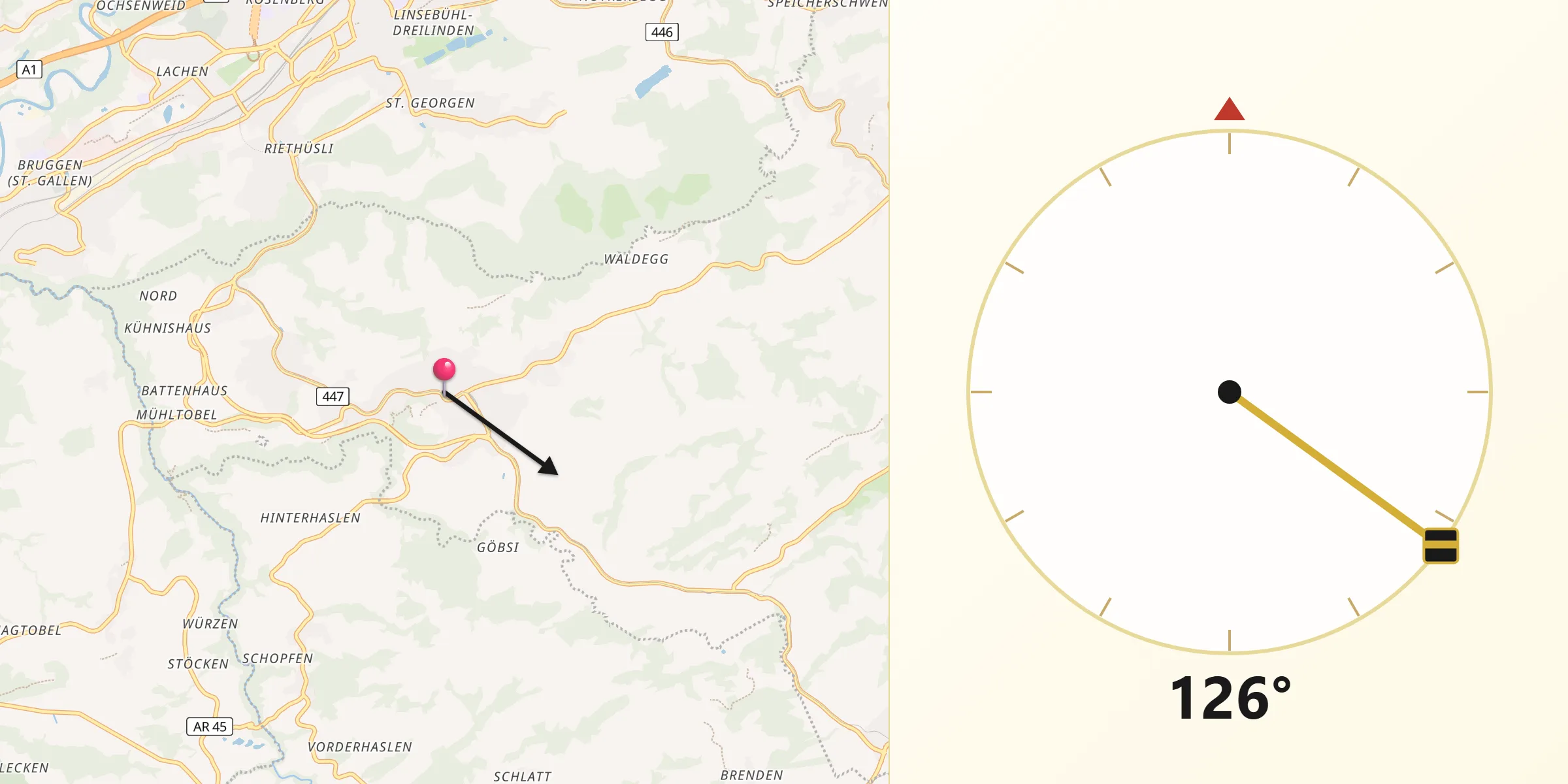 Direction vers la Qibla depuis Teufen