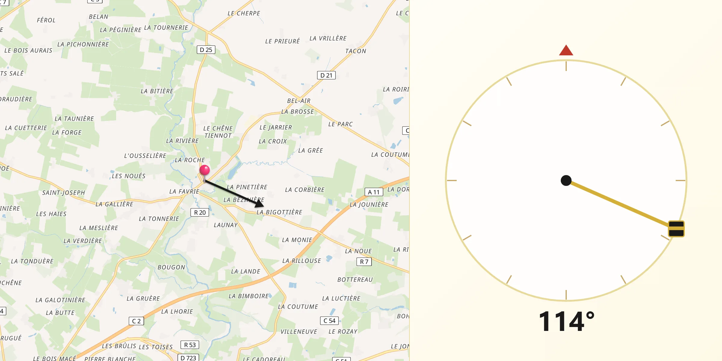 Direction vers la Qibla depuis Couffé