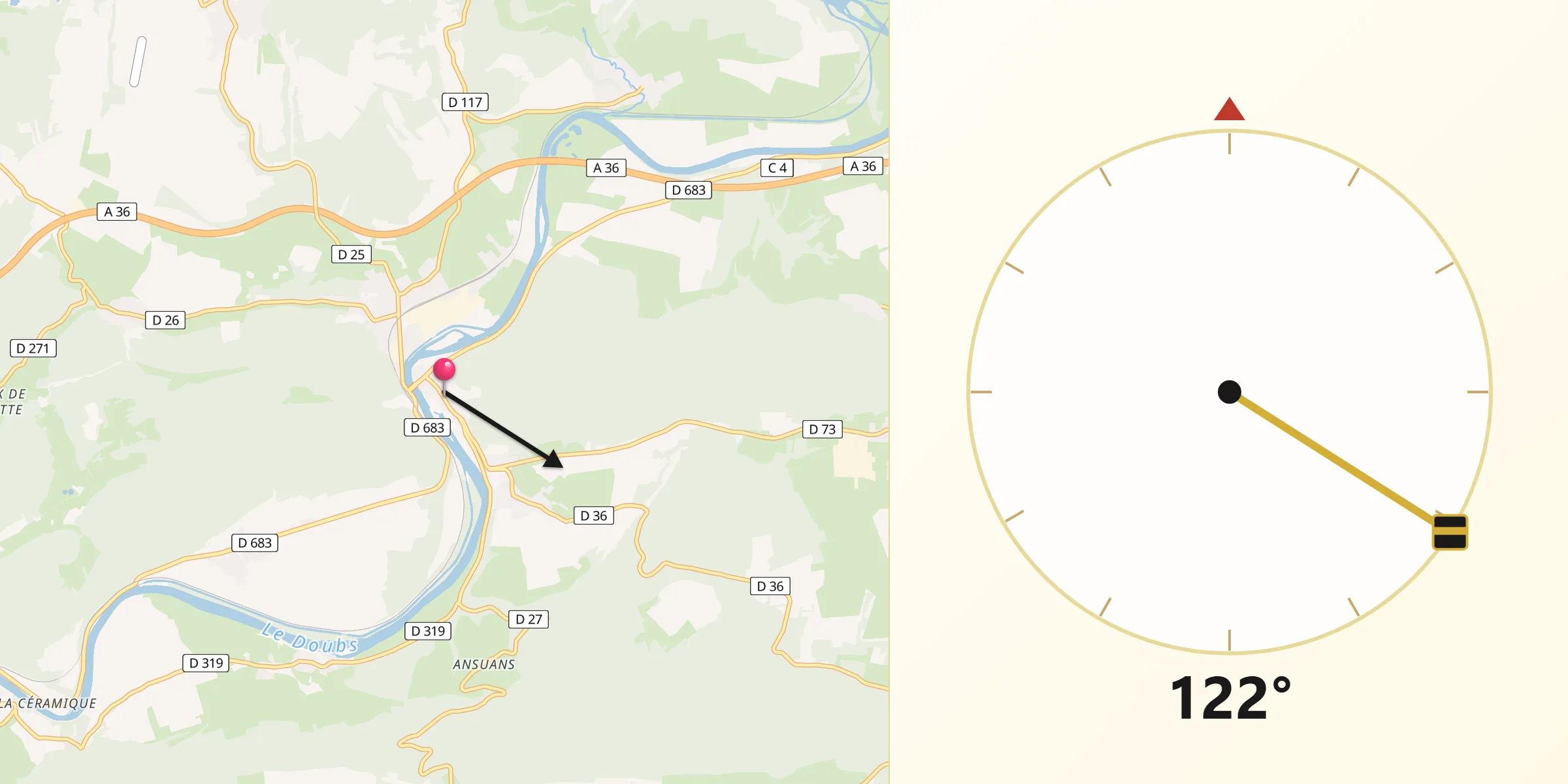 Direction vers la Qibla depuis Clerval