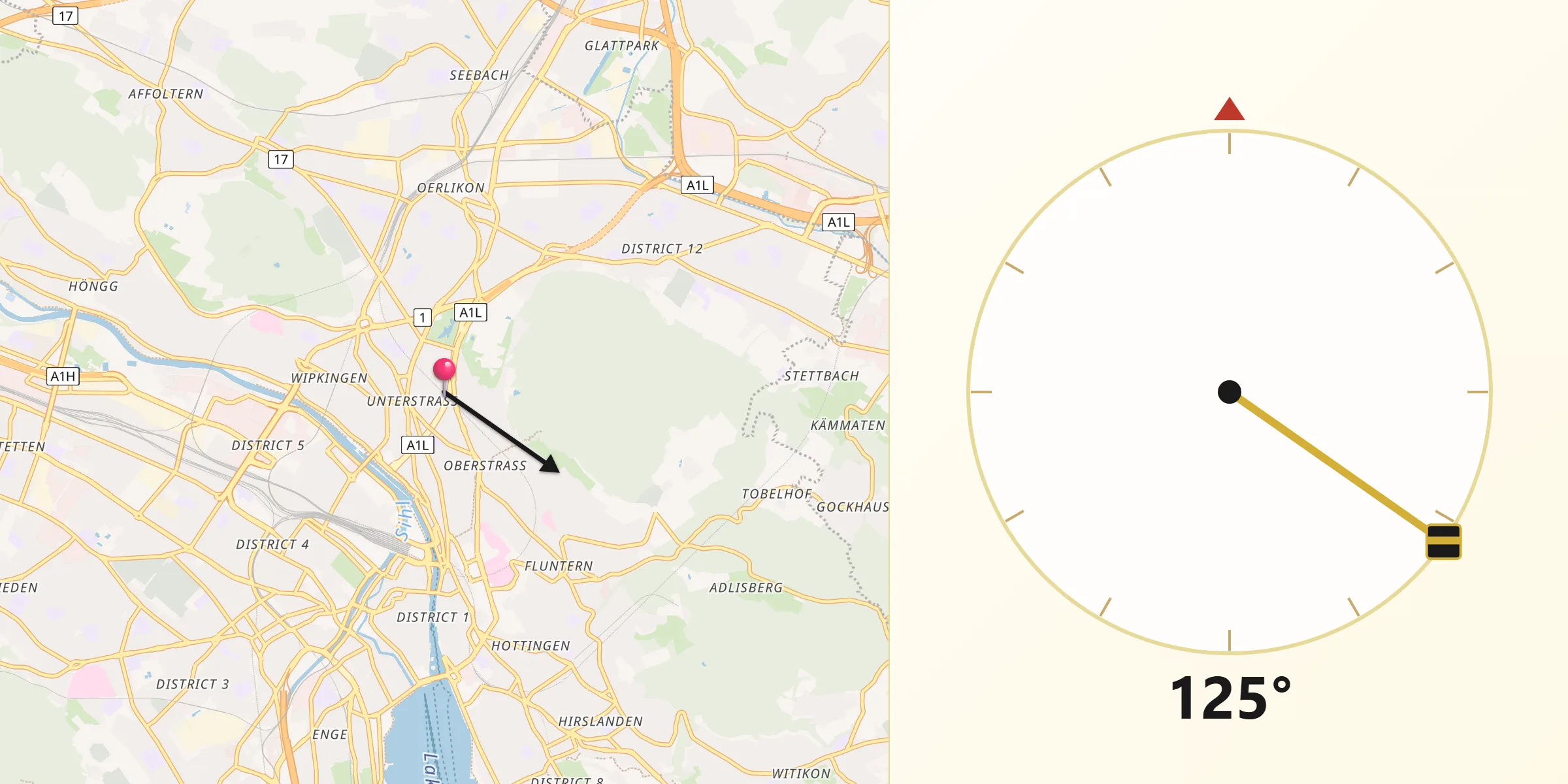 Direzione della Qibla da Zürich (Kreis 6)