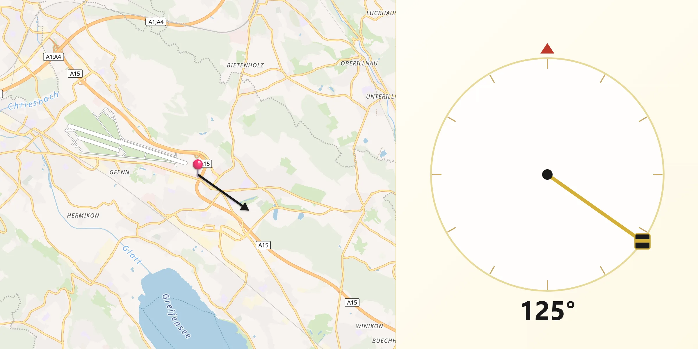 Direction vers la Qibla depuis Hegnau