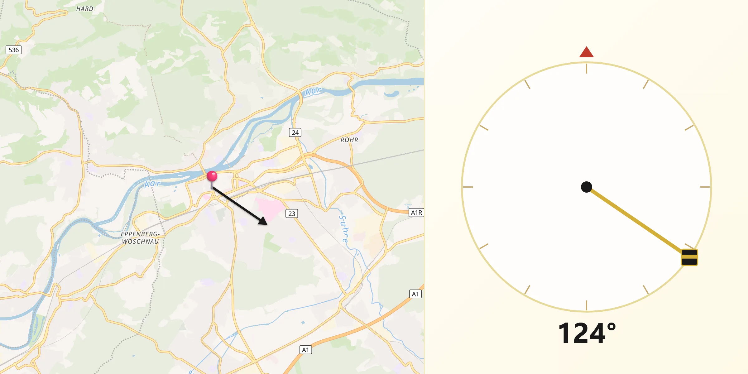 Direction vers la Qibla depuis Aarau