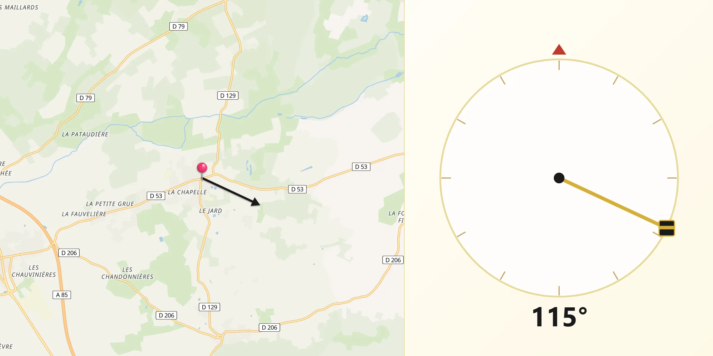 Direction vers la Qibla depuis Saint-Philbert-du-Peuple