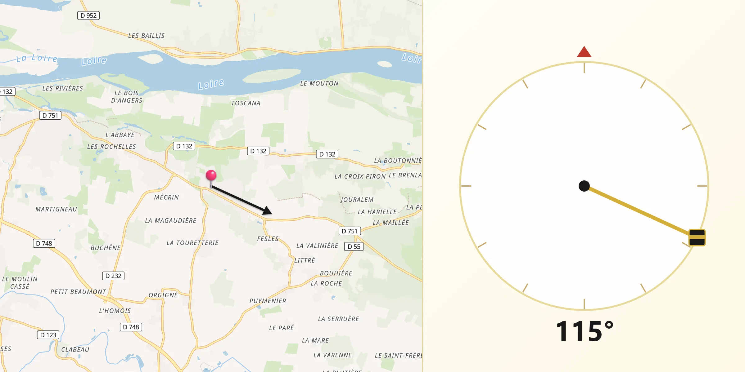 Direction vers la Qibla depuis Saint-Saturnin-sur-Loire
