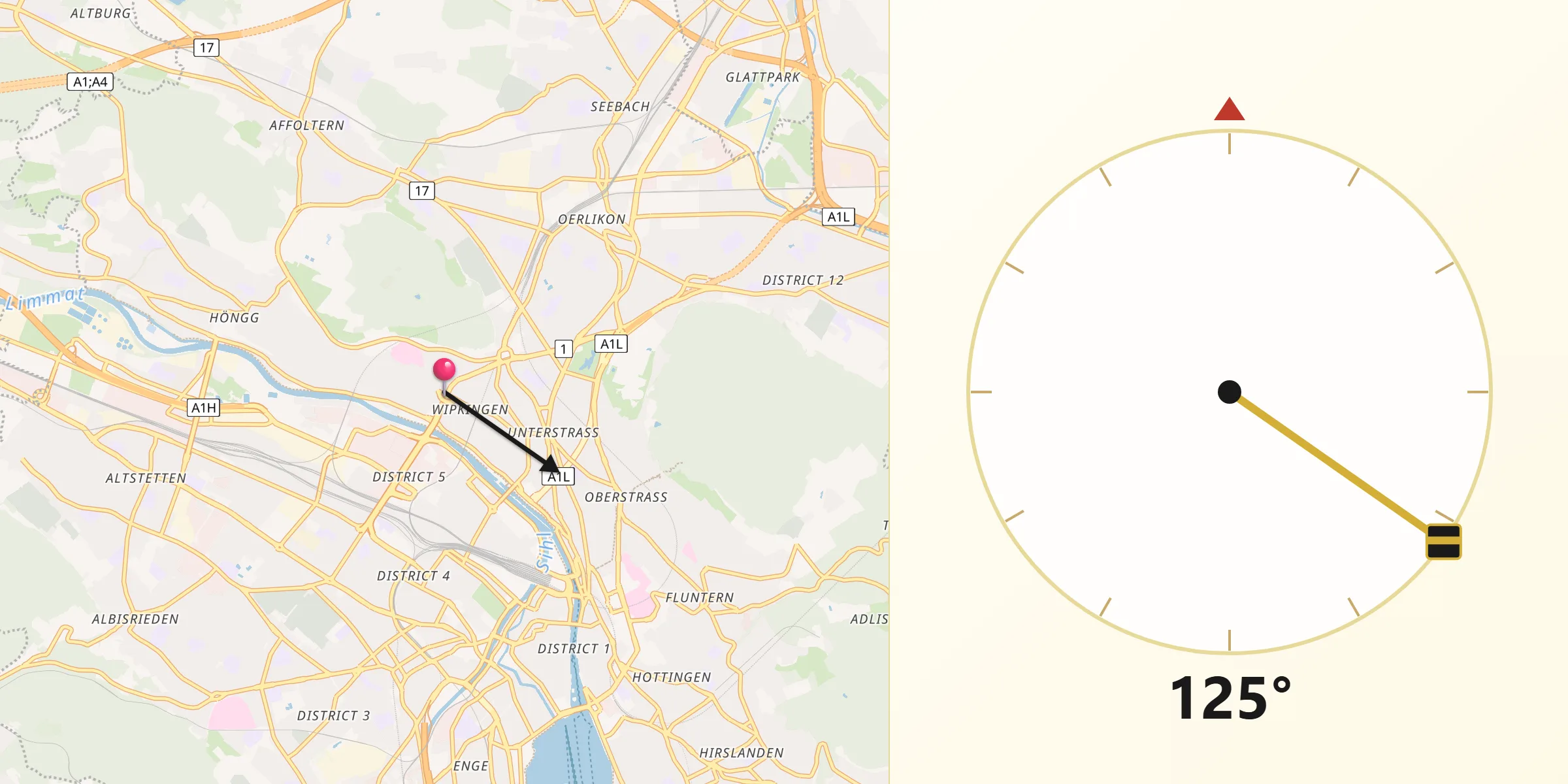 Qibla-Richtung von Zürich (Kreis 10) / Wipkingen