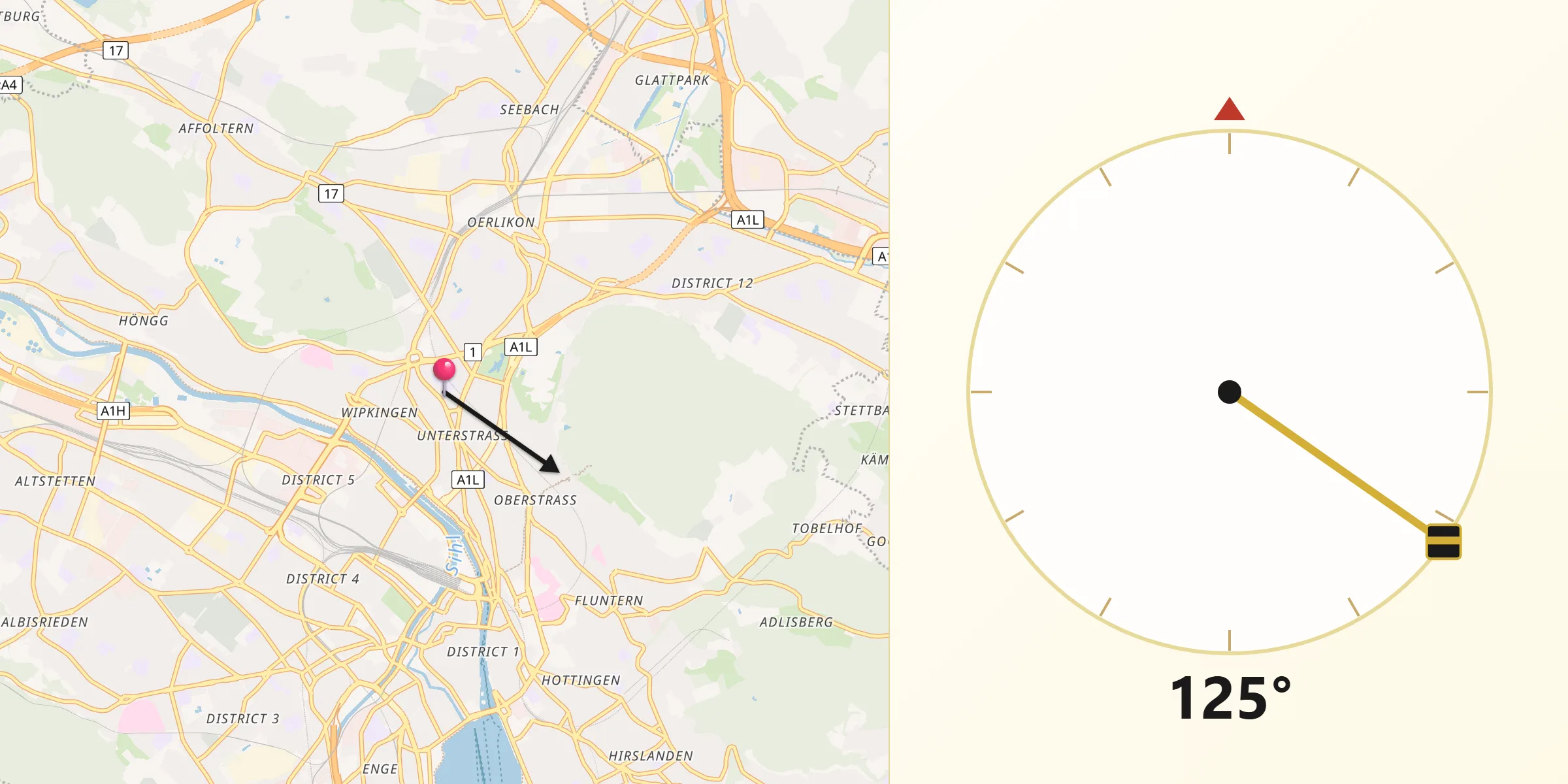 Qibla-Richtung von Zürich (Kreis 6) / Unterstrass
