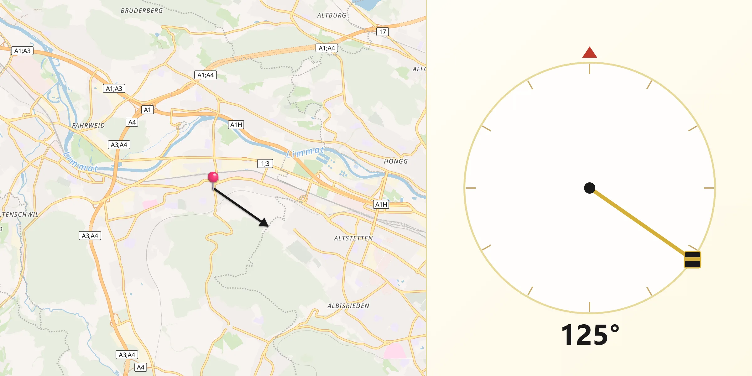 Direction vers la Qibla depuis Schlieren