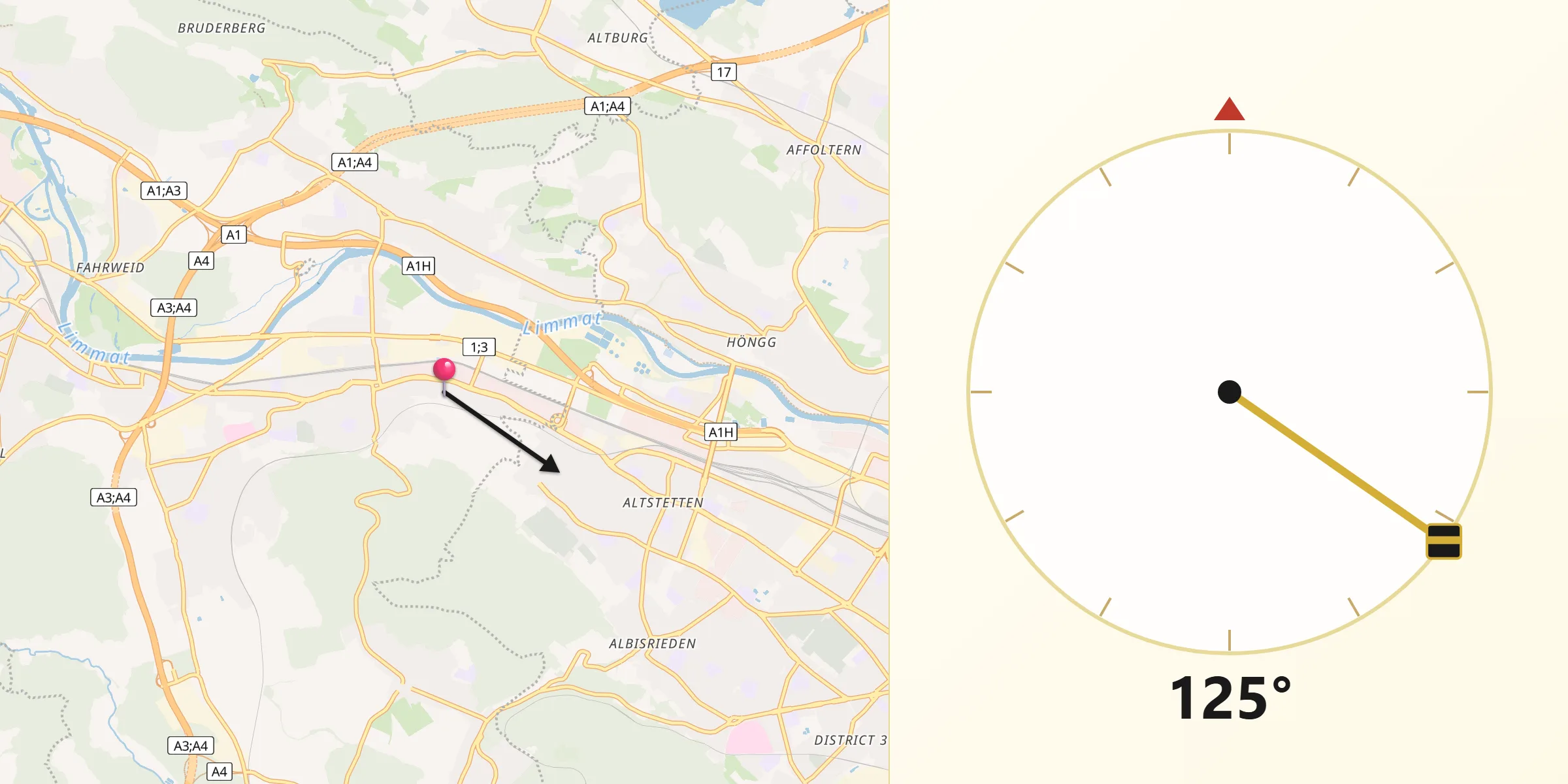 Direzione della Qibla da Schlieren / Boden