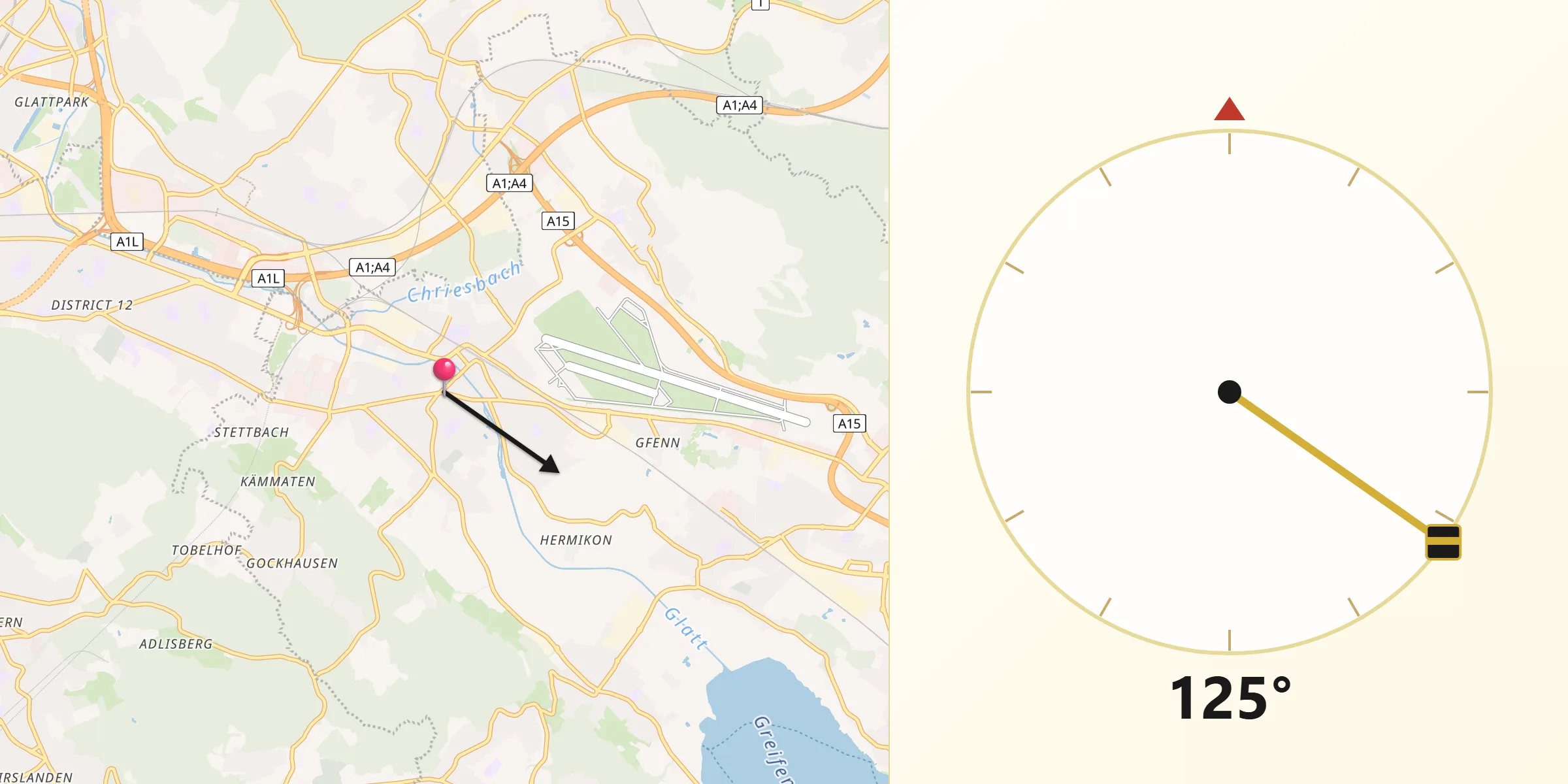 Direzione della Qibla da Dübendorf